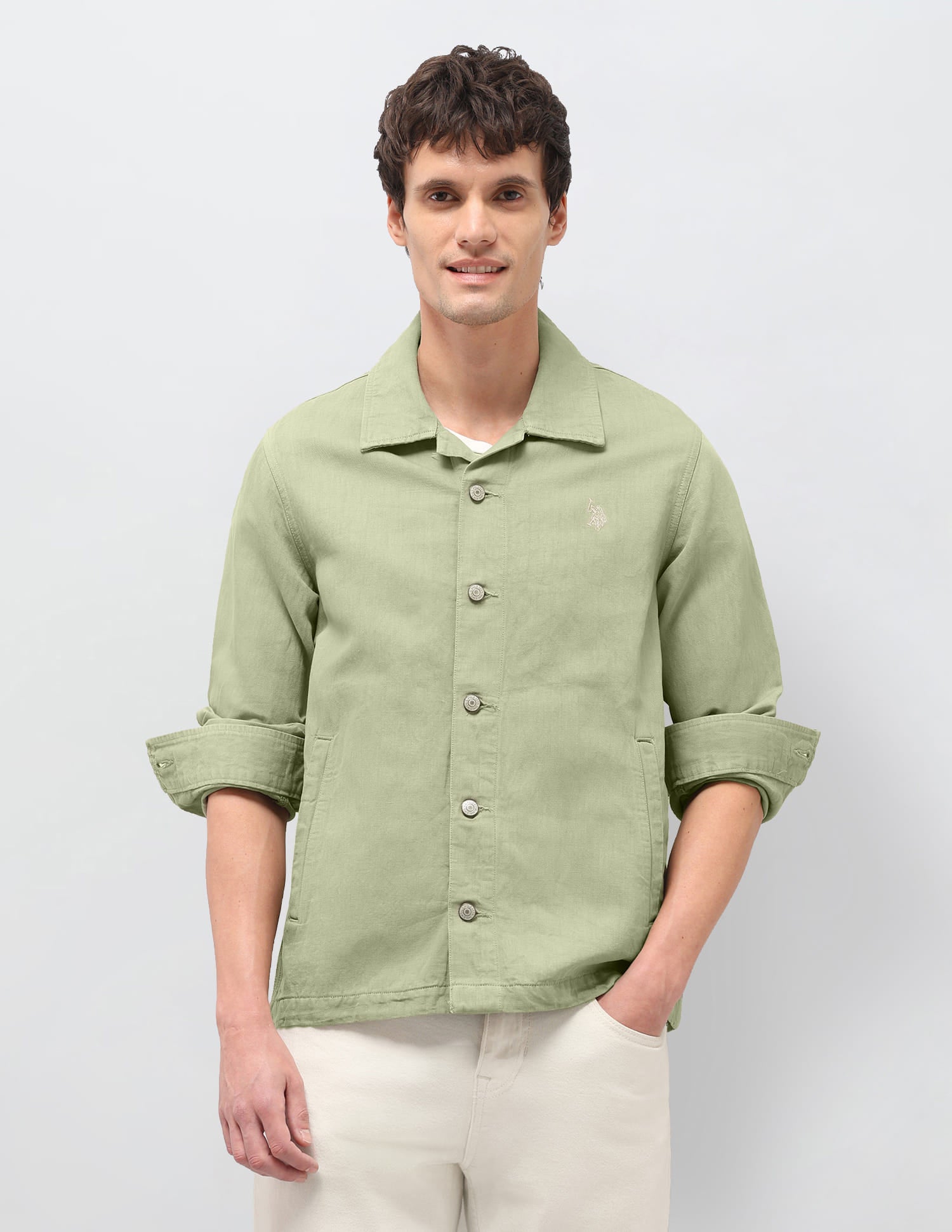Solid Linen Regular Fit Jacket Green - U.S. Polo Assn. India | Large