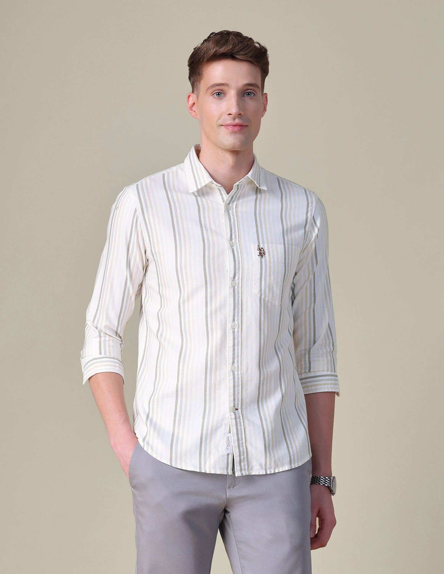 Vertical Striped Tailored Fit Shirt Beige - U.S. POLO ASSN. | Large