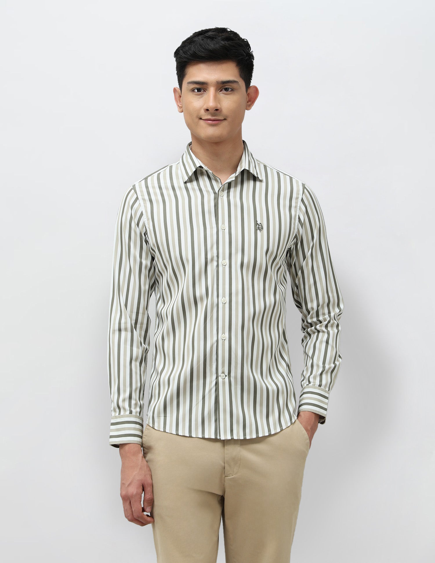 Vertical Striped Pure Cotton Shirt Olive - U.S. POLO ASSN. | Large