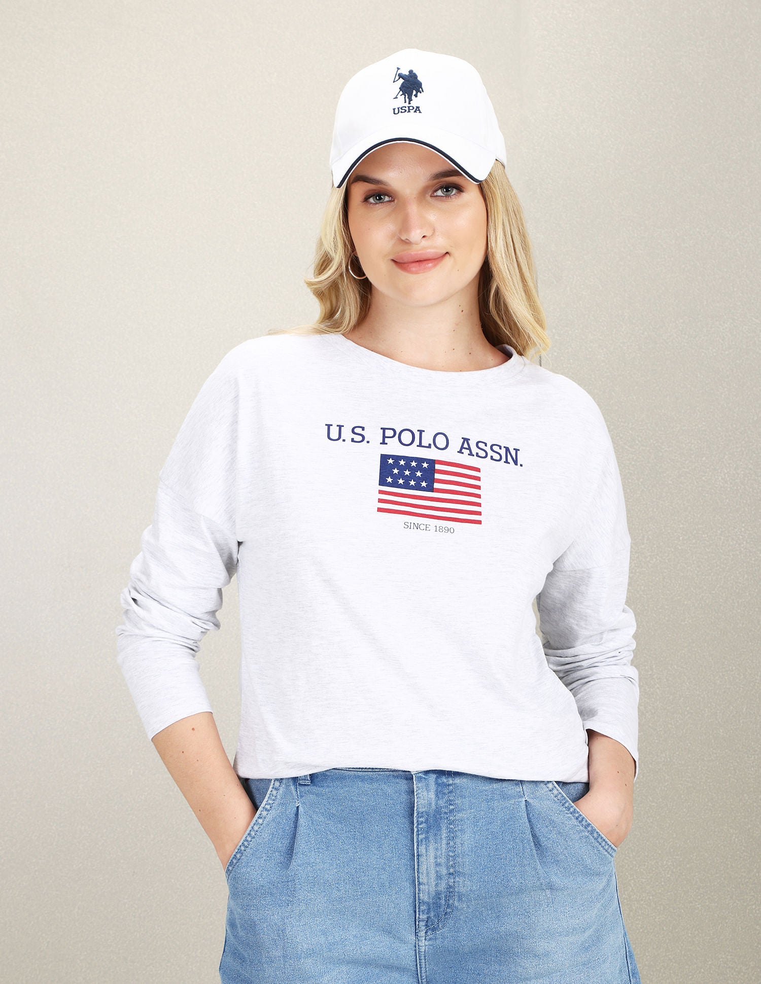 Long Sleeve Flag Print Heathered T-Shirt Light Grey - U.S. POLO ASSN. | Large