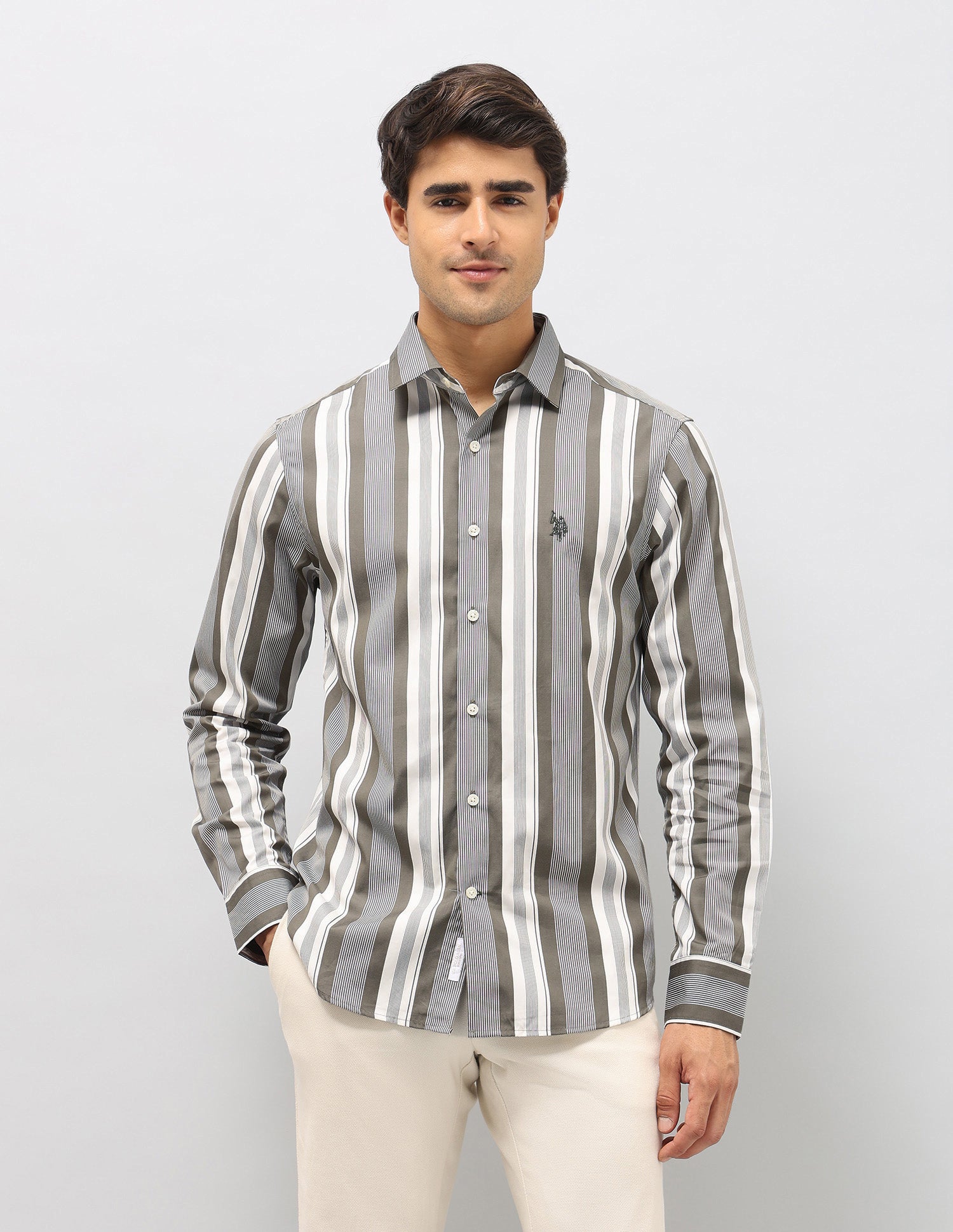 Vertical Striped Pure Cotton Shirt Olive - U.S. POLO ASSN. | Large
