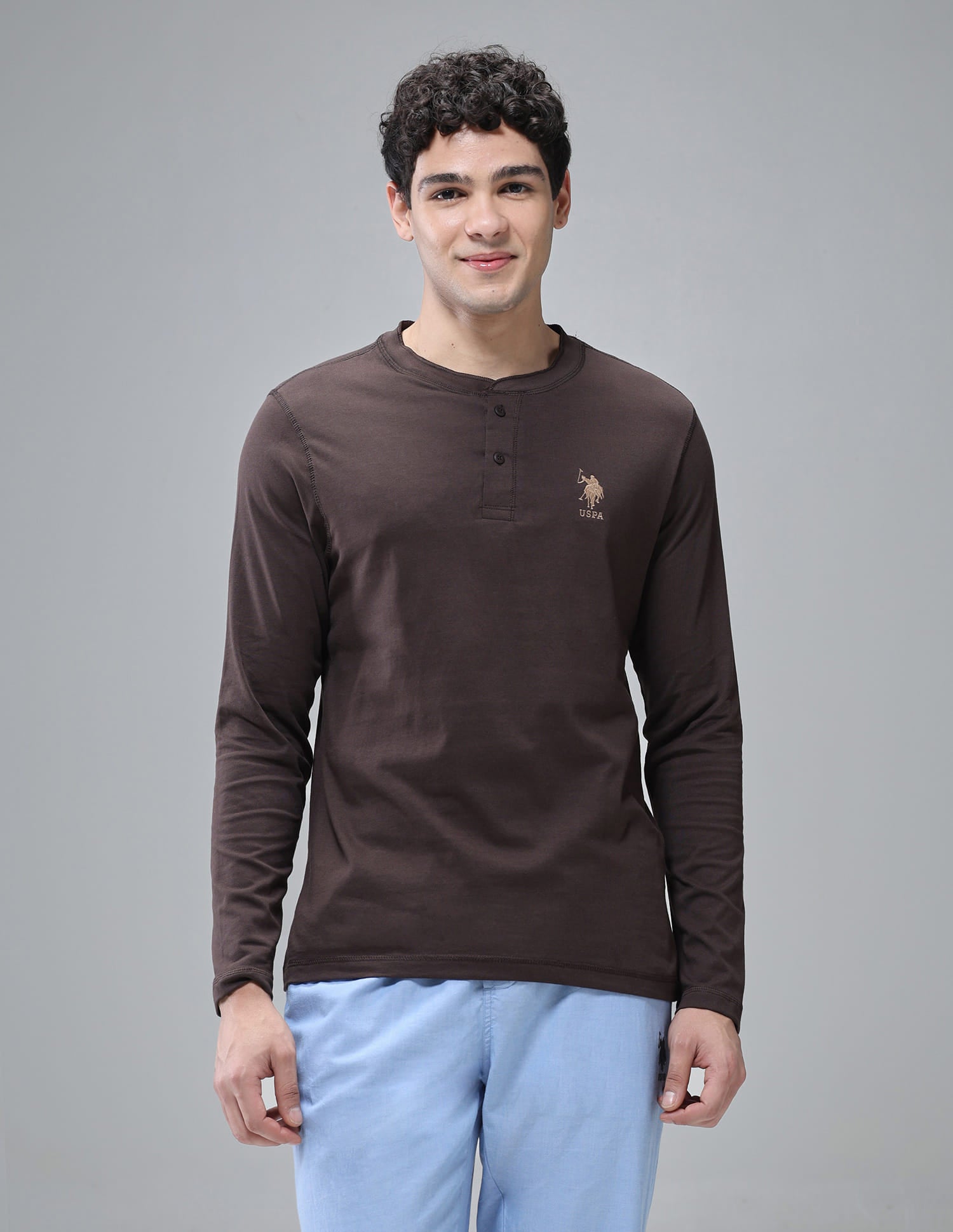 Pure Cotton I694 Lounge Henley T-Shirt - Pack Of 1 Choco - U.S. Polo Assn. India | Large