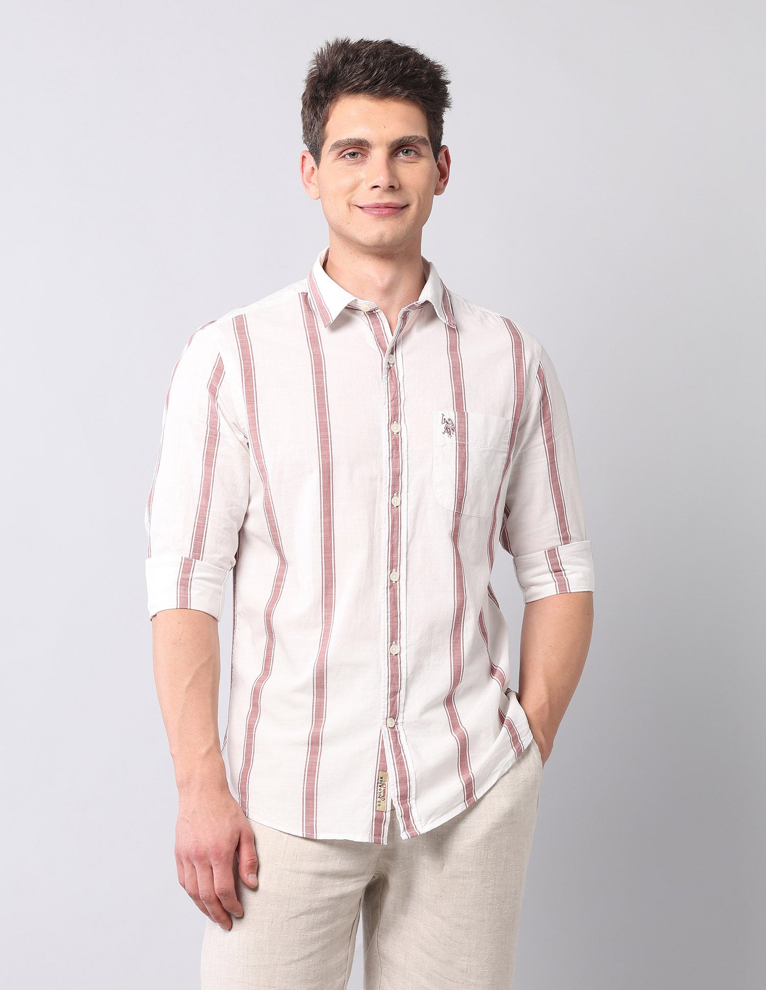 Vertical Striped Pure Cotton Shirt Light Red - U.S. Polo Assn. India | Large