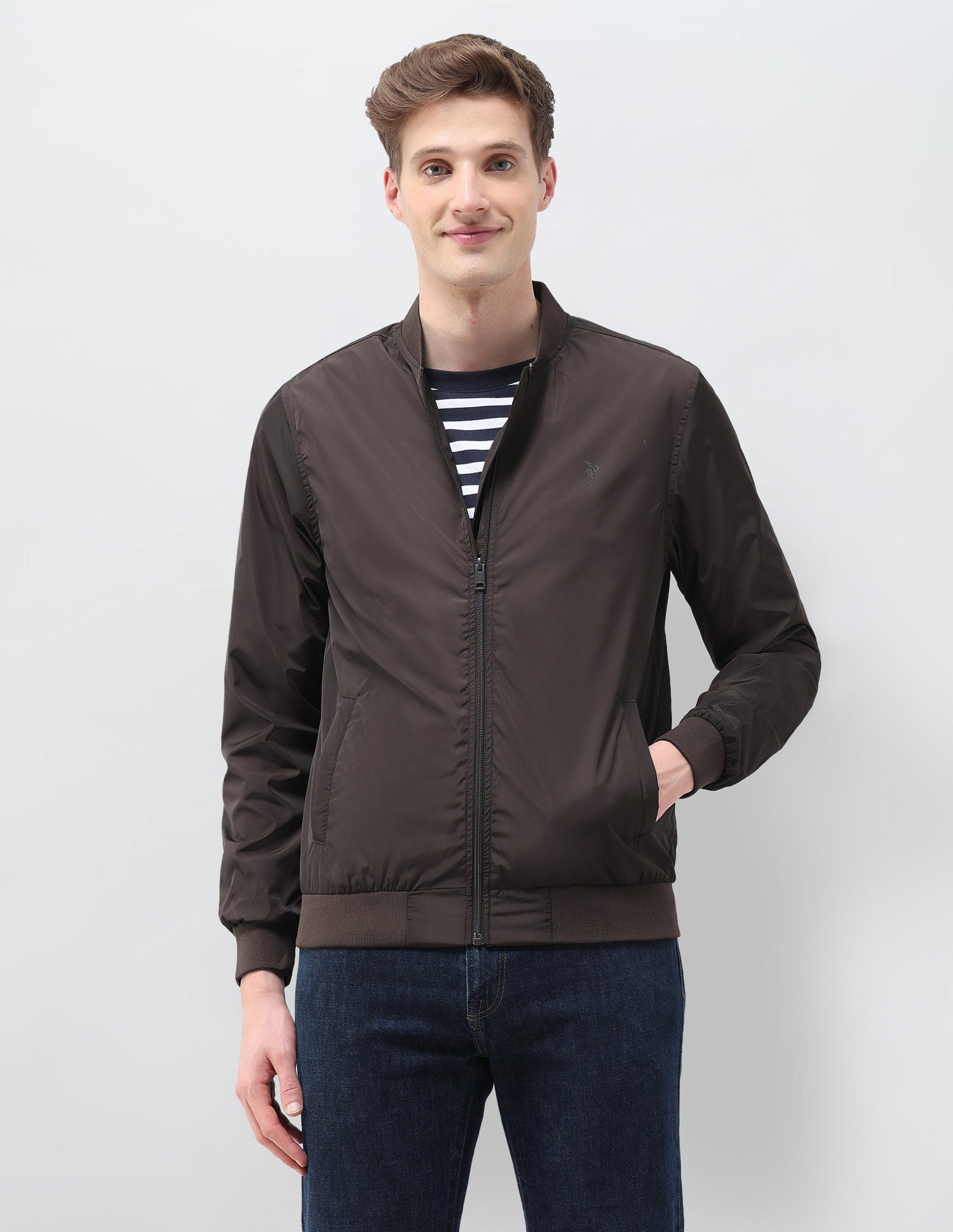 Solid Regular Fit Bomber Jacket Choco - U.S. Polo Assn. India | Large