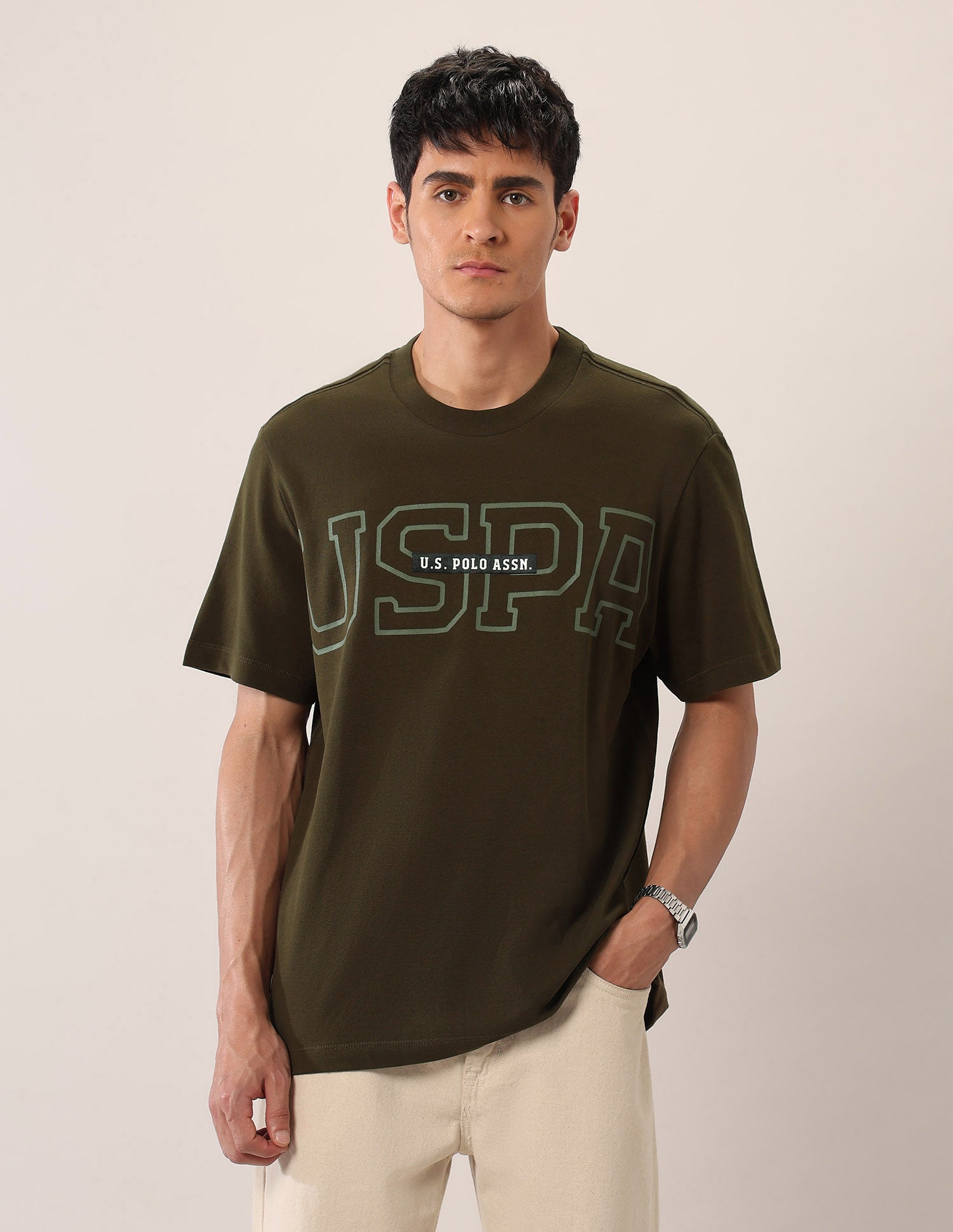 Brand Printed Relaxed Fit T-Shirt Olive - U.S. Polo Assn. India | Large