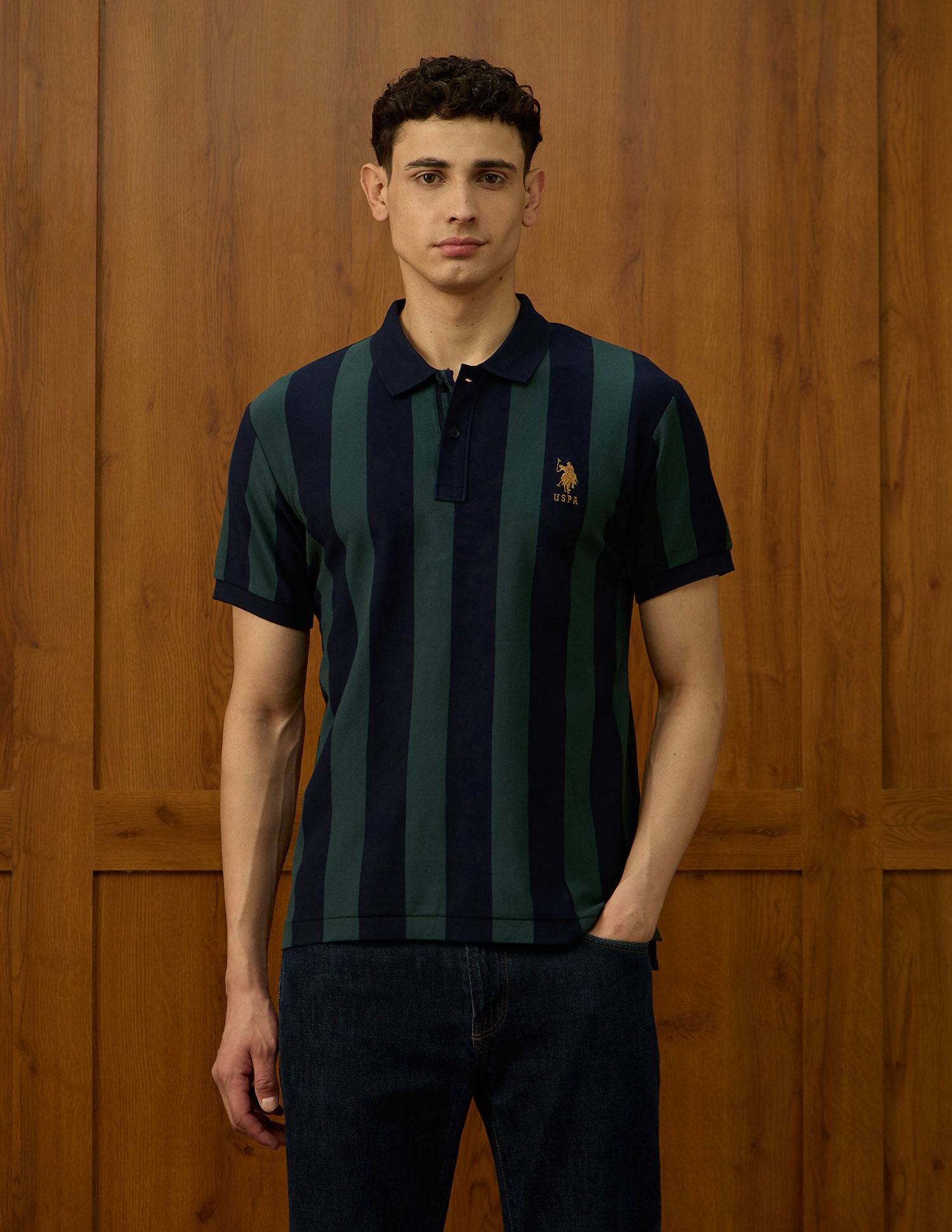 Vertical Striped Varsity Polo Shirt Olive - U.S. Polo Assn. India | Large