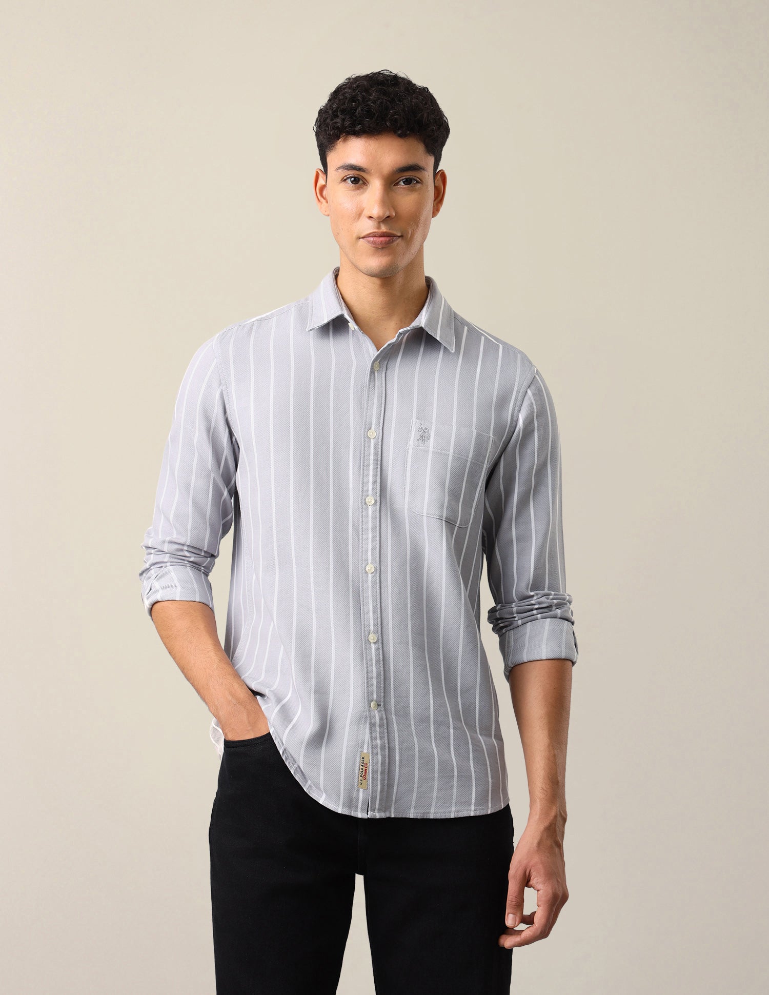 Vertical Striped Regular Fit Shirt Light Grey - U.S. Polo Assn. India | Large