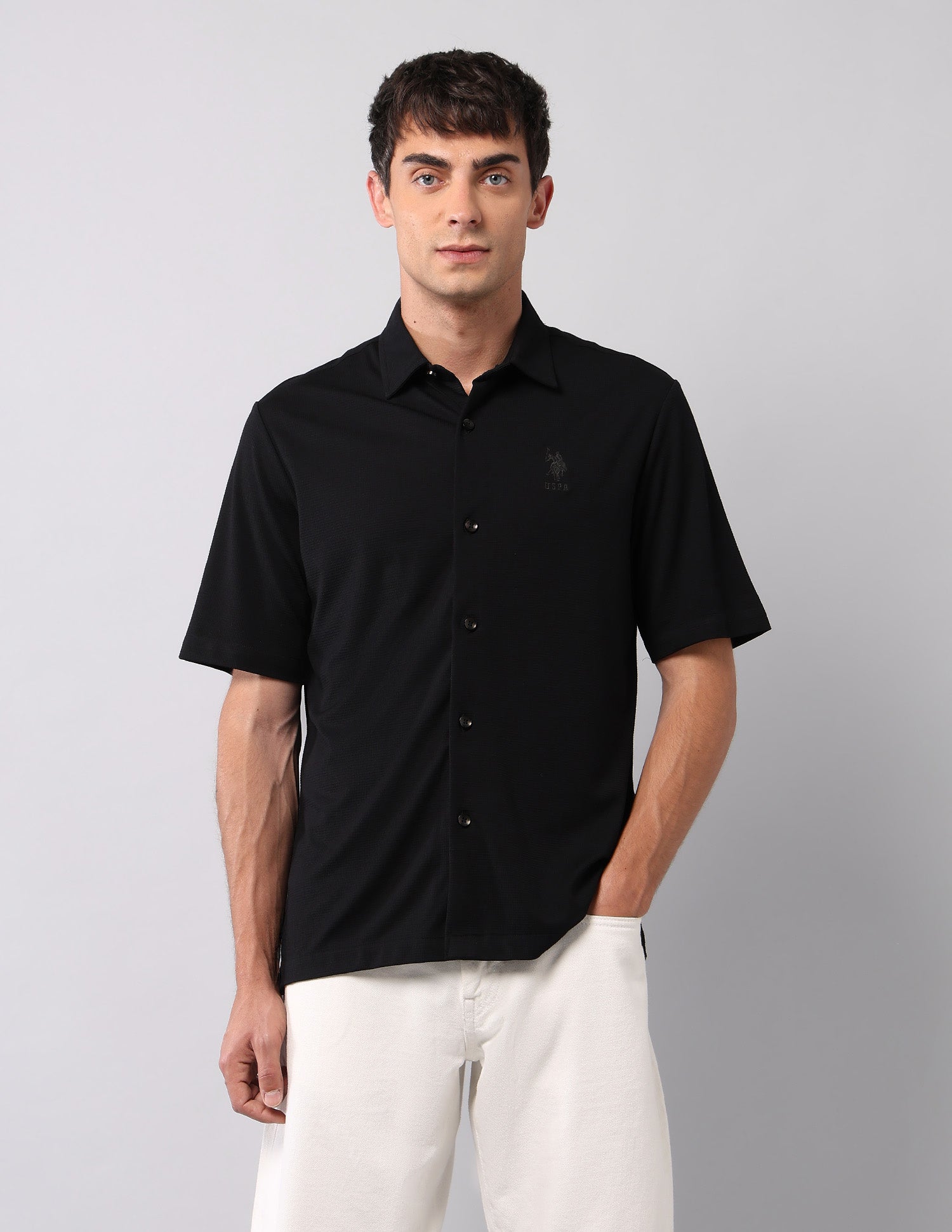 Relaxed Fit Knitted Pure Cotton Shirt Black - U.S. Polo Assn. India | Large