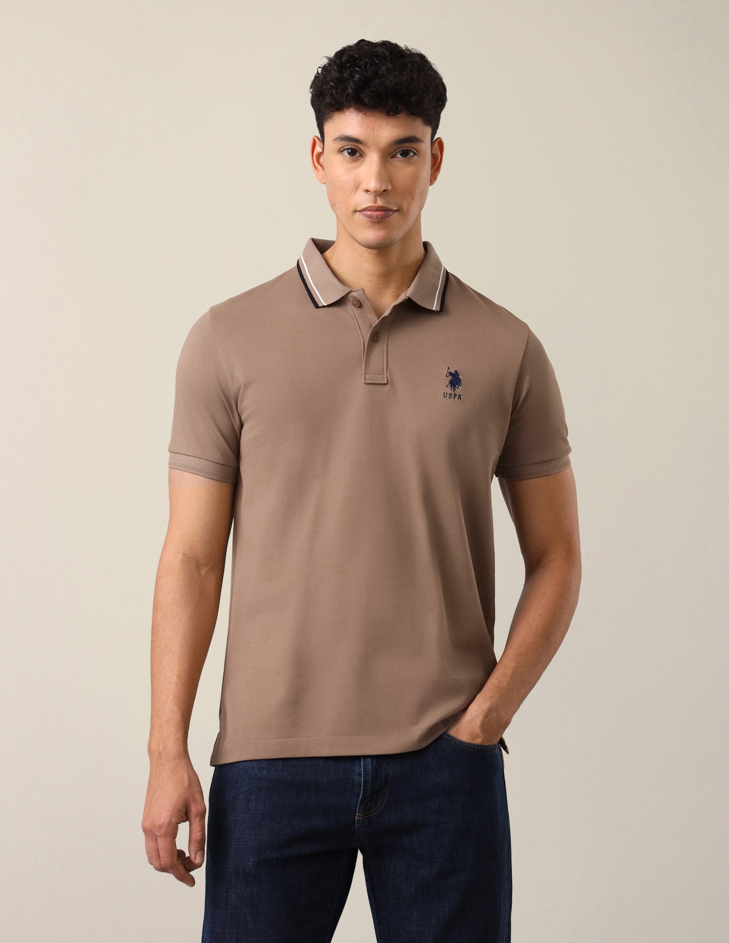 Brand Embroidered Slim Fit Polo Shirt Light Brown - U.S. Polo Assn. India | Large