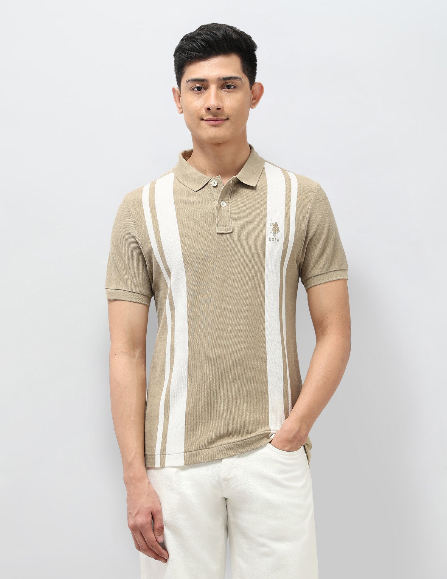 Vertical Striped Pure Cotton Polo Shirt Beige - U.S. Polo Assn. India | Large