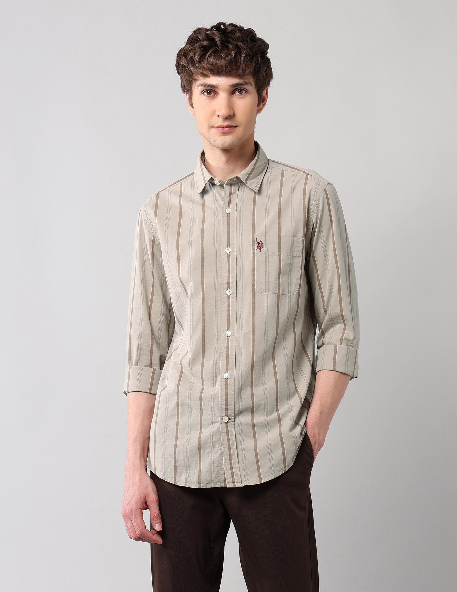 Vertical Striped Regular Fit Shirt Khaki - U.S. Polo Assn. India | Large