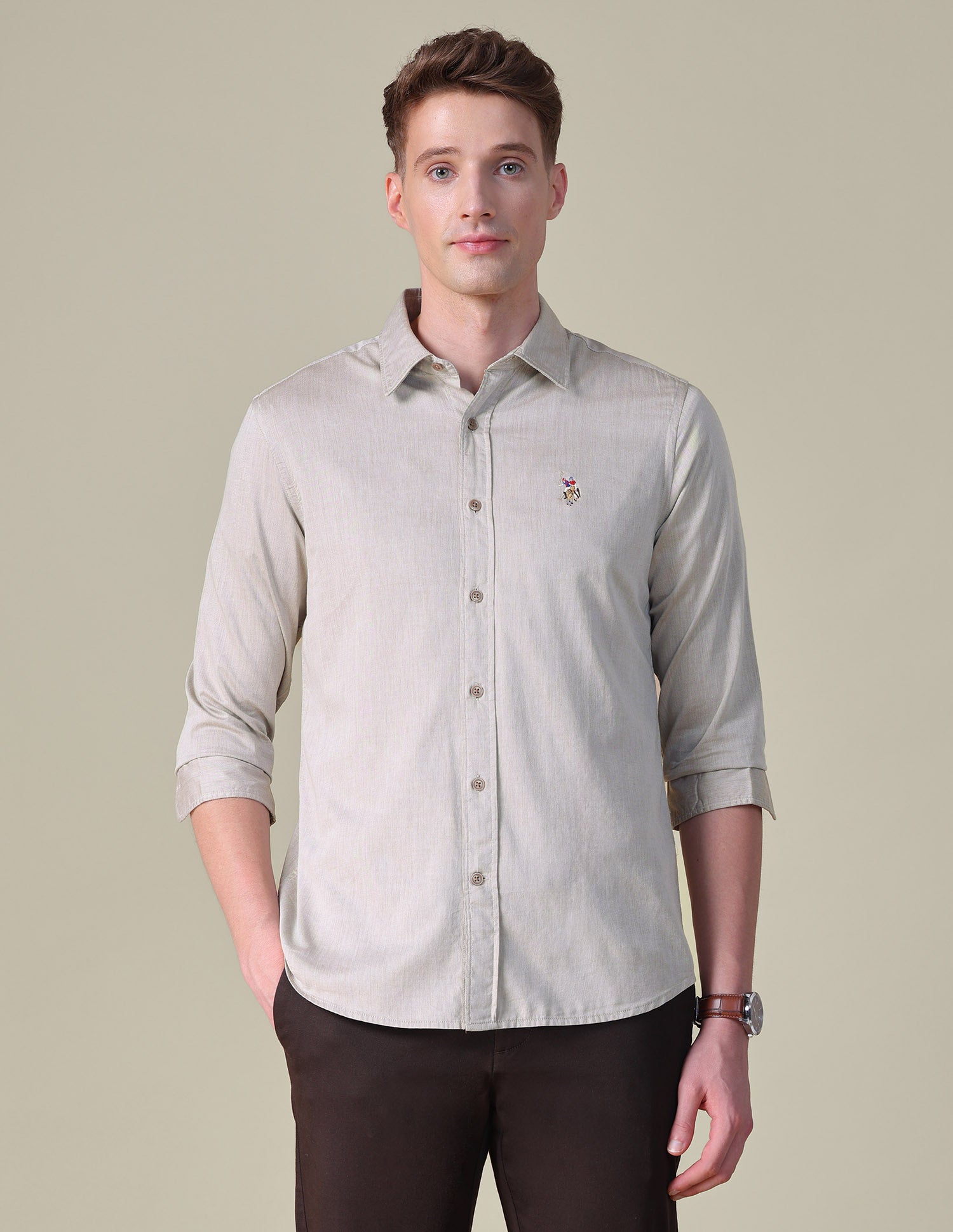 Twill Tailored Fit Shirt Light Brown - U.S. POLO ASSN. | Large