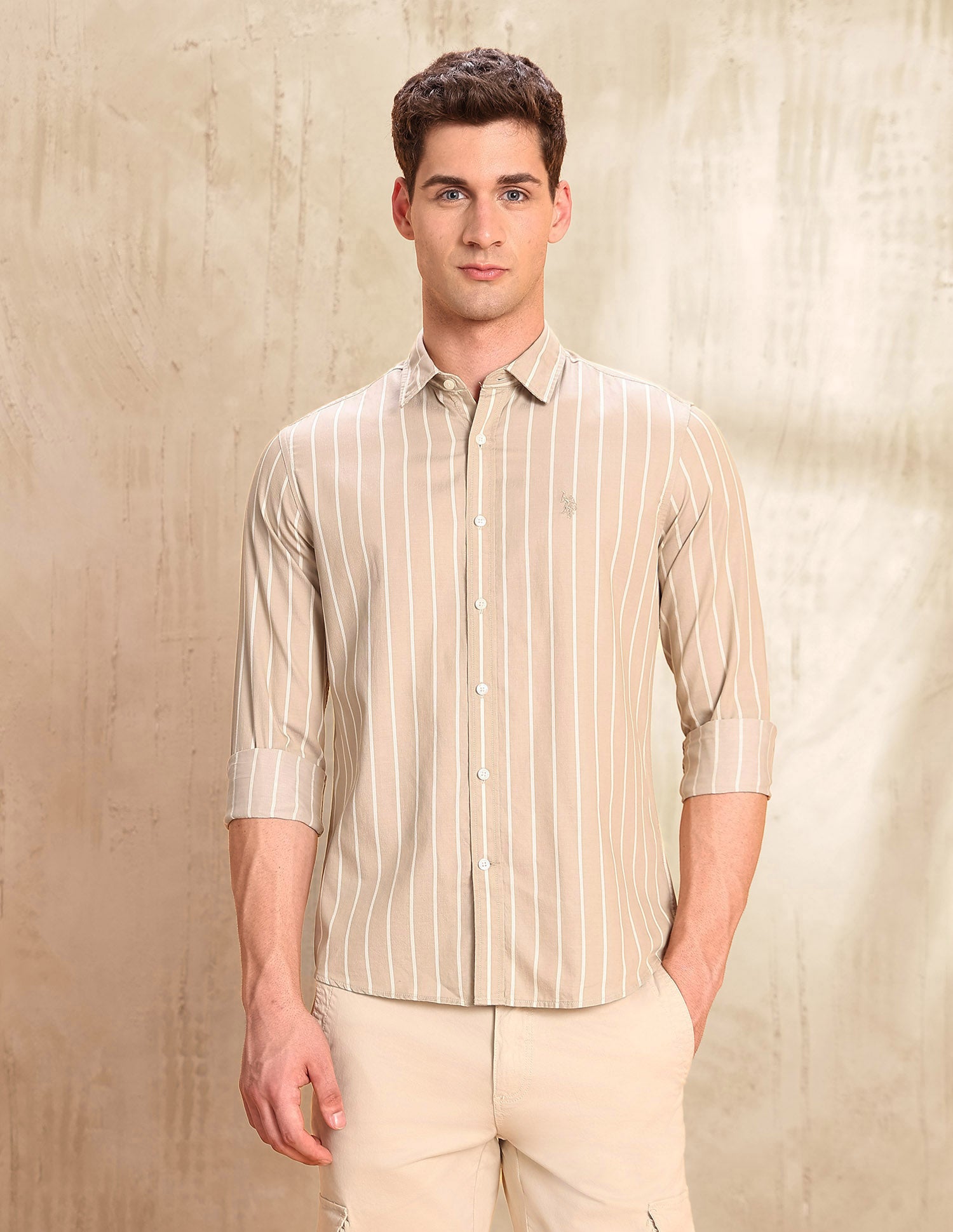 Dobby Tailored Fit Shirt Beige - U.S. POLO ASSN. | Large