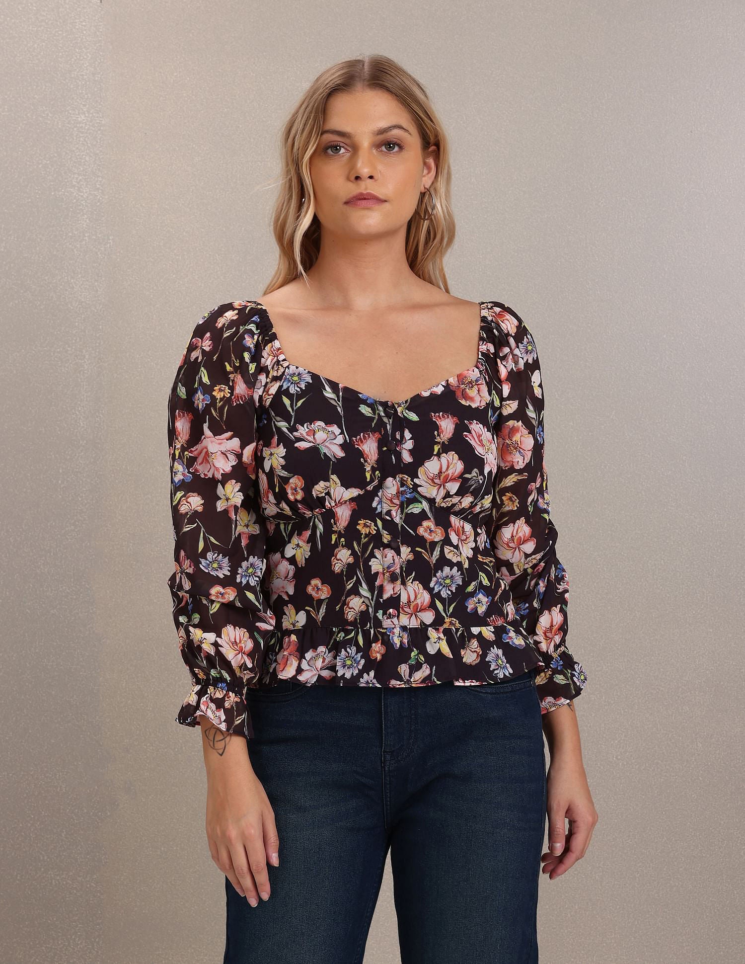 Long Sleeve Floral Print Top Black - U.S. POLO ASSN. | Large