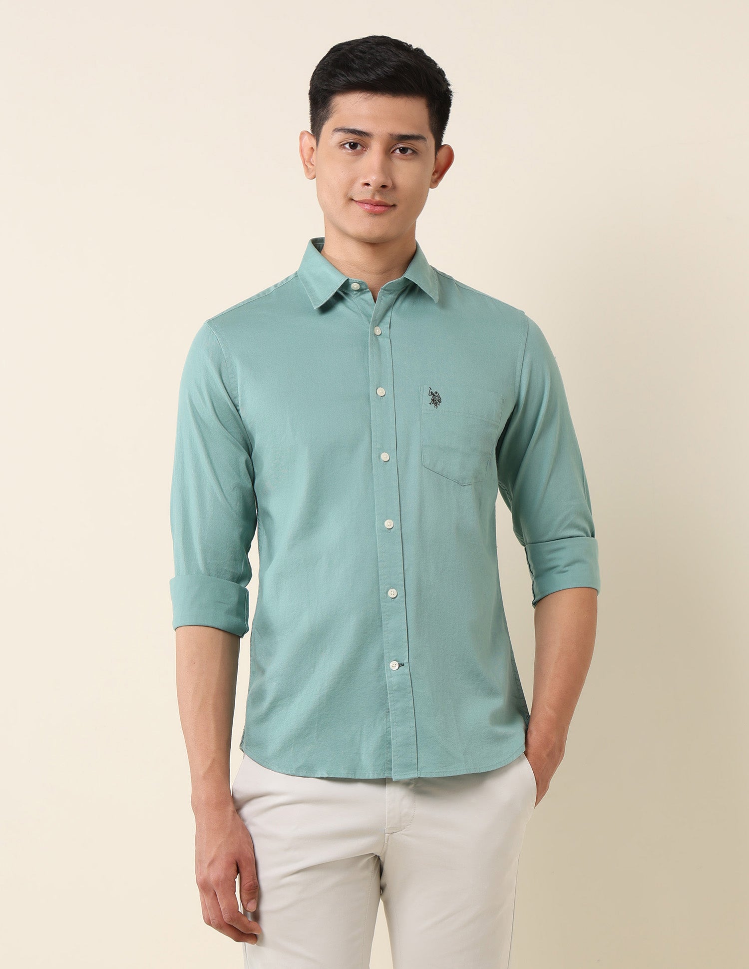Pure Cotton Dobby Tailored Fit Shirt Light Green - U.S. Polo Assn. India | Large