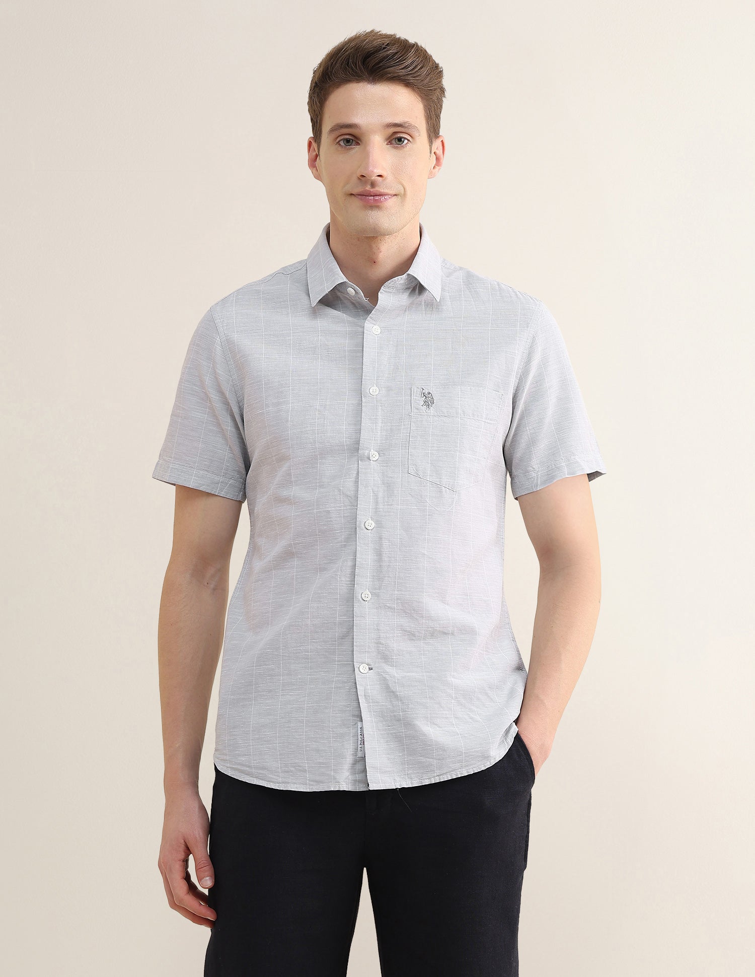 Windowpane Checked Regular Fit Shirt Light Grey - U.S. Polo Assn. India | Large