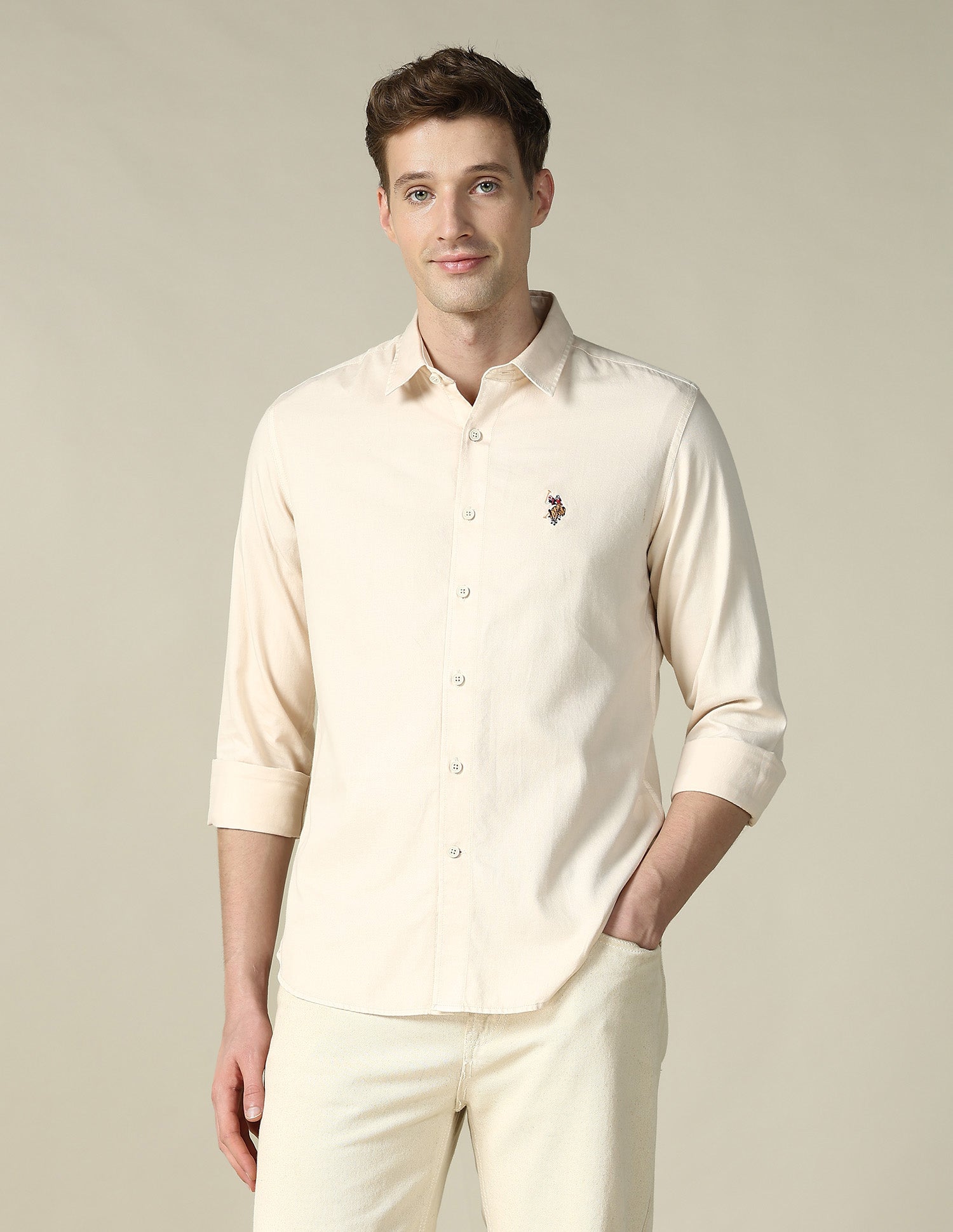 Twill Regular Fit Shirt Cream - U.S. Polo Assn. India | Large
