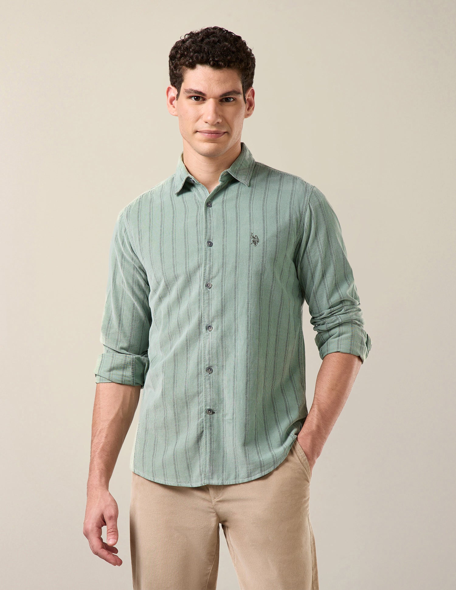 Vertical Striped Corduroy Shirt Light Green - U.S. Polo Assn. India | Large