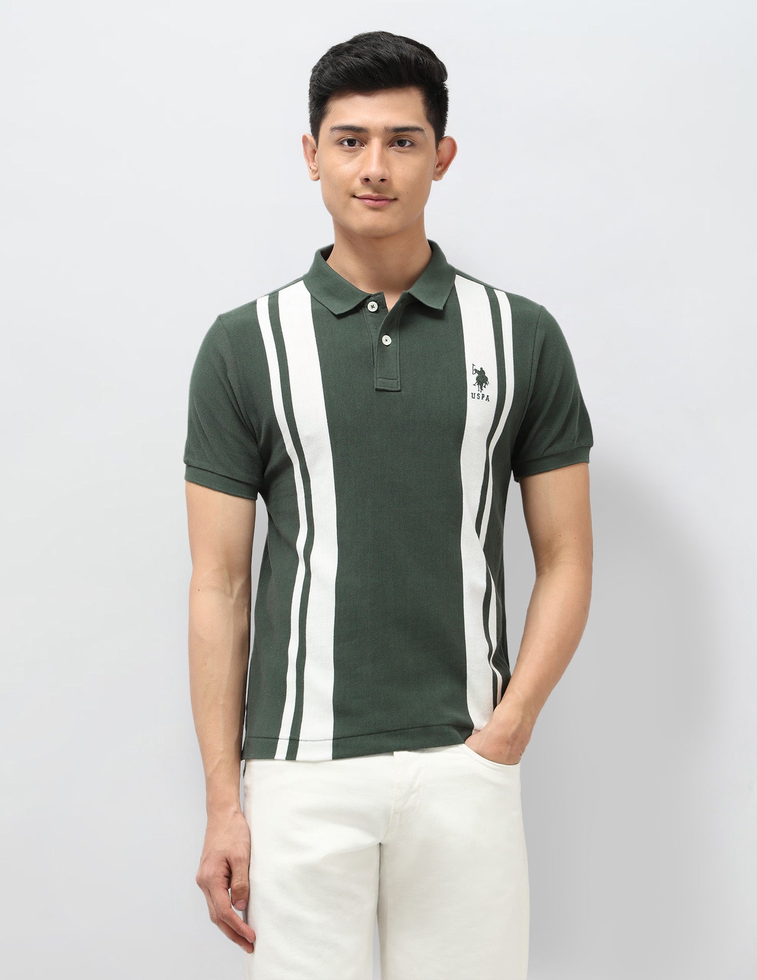 Vertical Striped Pure Cotton Polo Shirt Olive - U.S. Polo Assn. India | Large