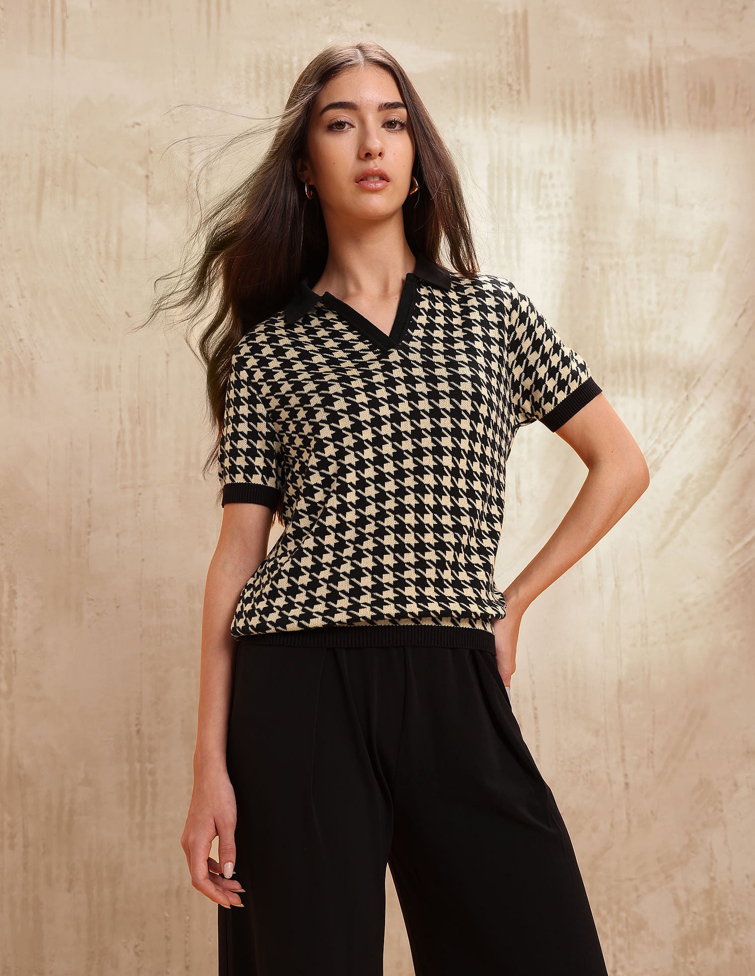 Flat Knit Polo With V Neck And Houndstooth Jacquard Pattern Black - U.S. Polo Assn. India | Large