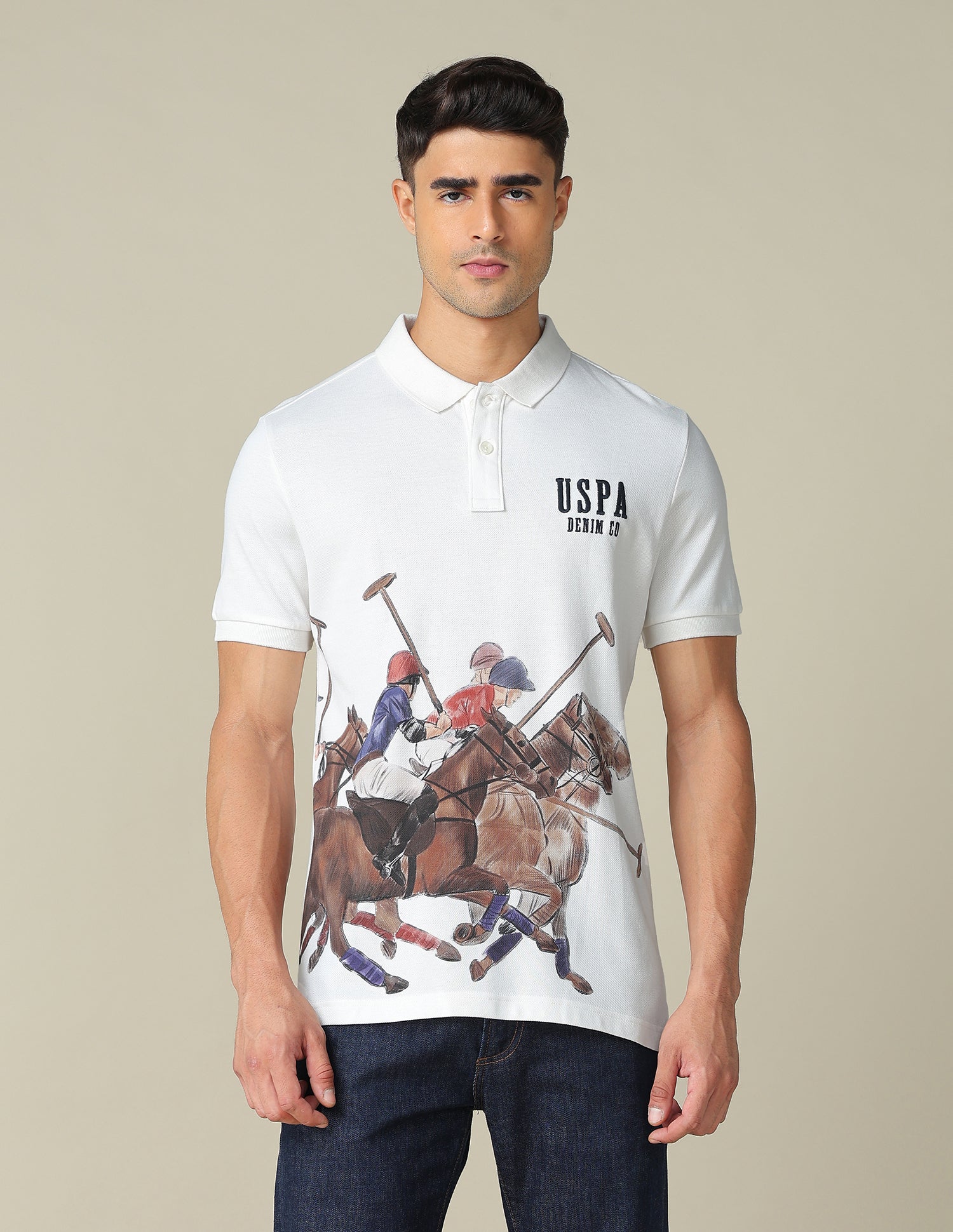 Muscle Fit Graphic Printed Polo Shirt Ivory - U.S. POLO ASSN. | Large