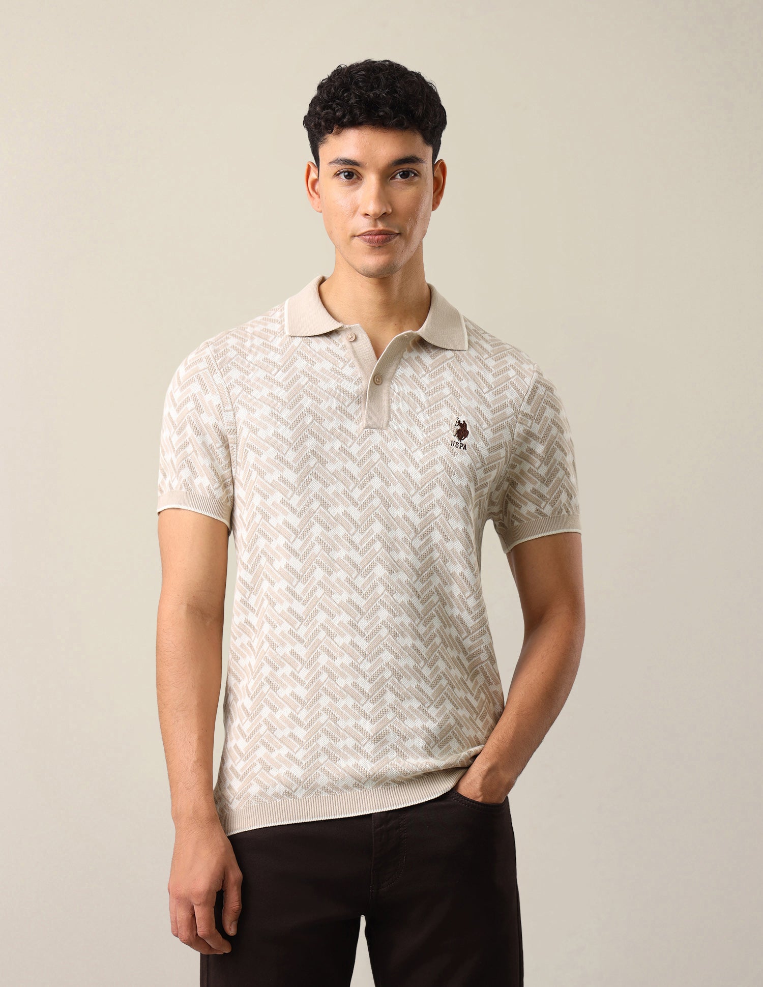 Geometric Patterned Knit Slim Fit Polo Shirt Beige - U.S. Polo Assn. India | Large