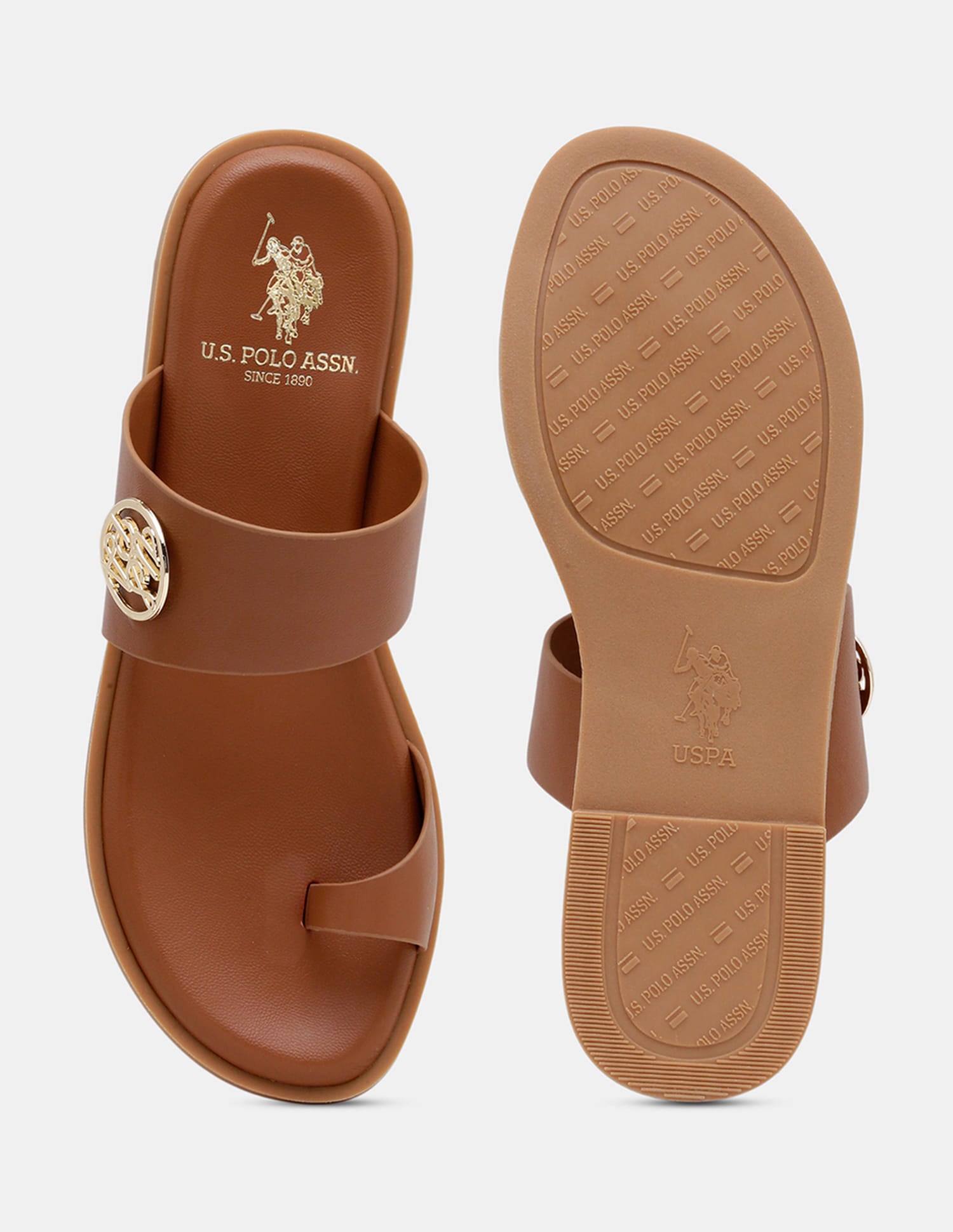 Women Slip On Astrel Sandals with Gold Hardware Tan - U.S. Polo Assn. India | Large