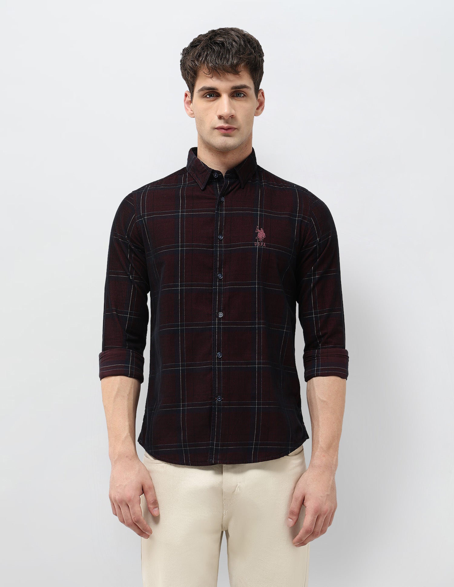 Grid Tattersall Checked Corduroy Shirt Wine - U.S. POLO ASSN. | Large
