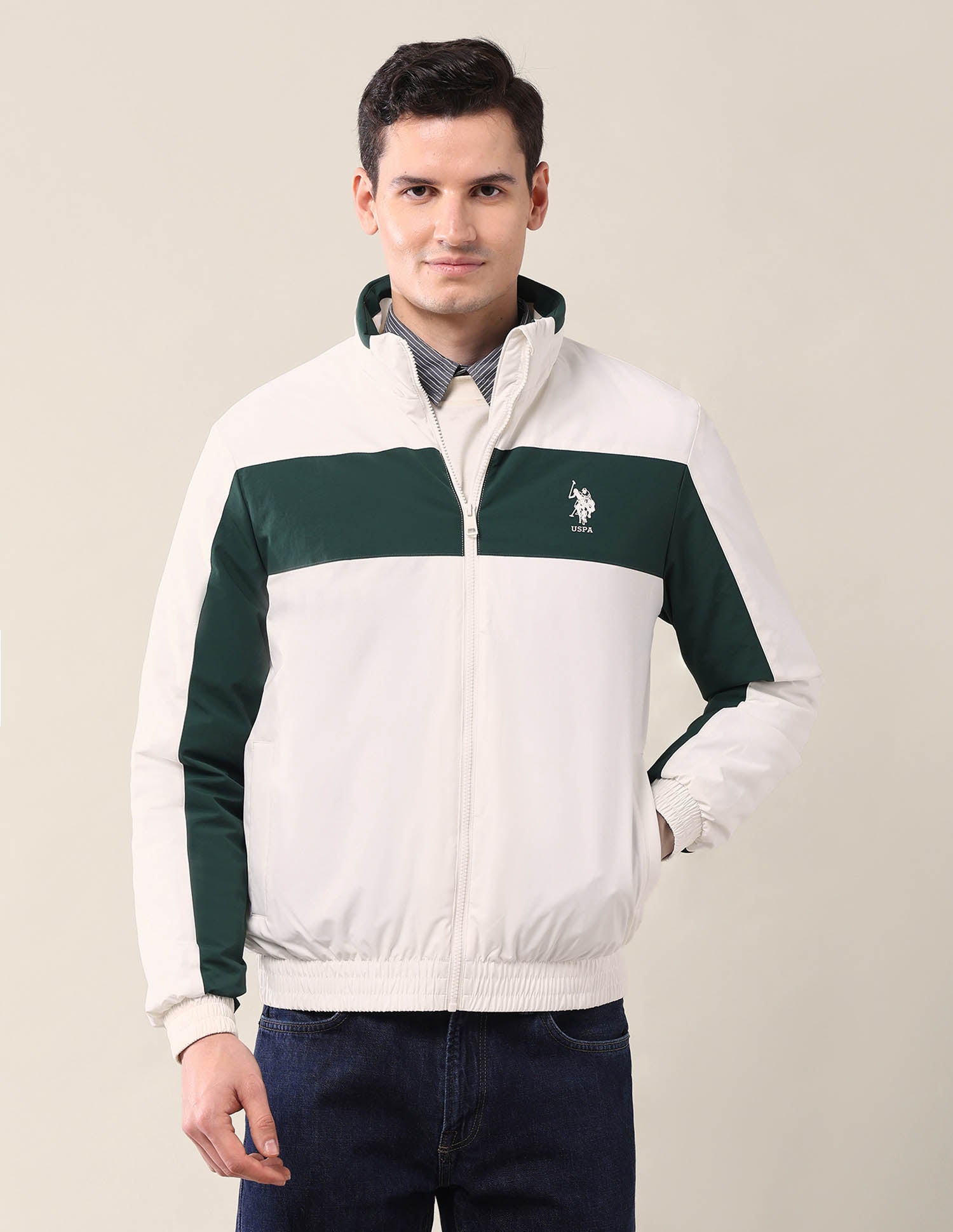 Colourblocked Regular Fit Jacket Ecru - U.S. Polo Assn. India | Large