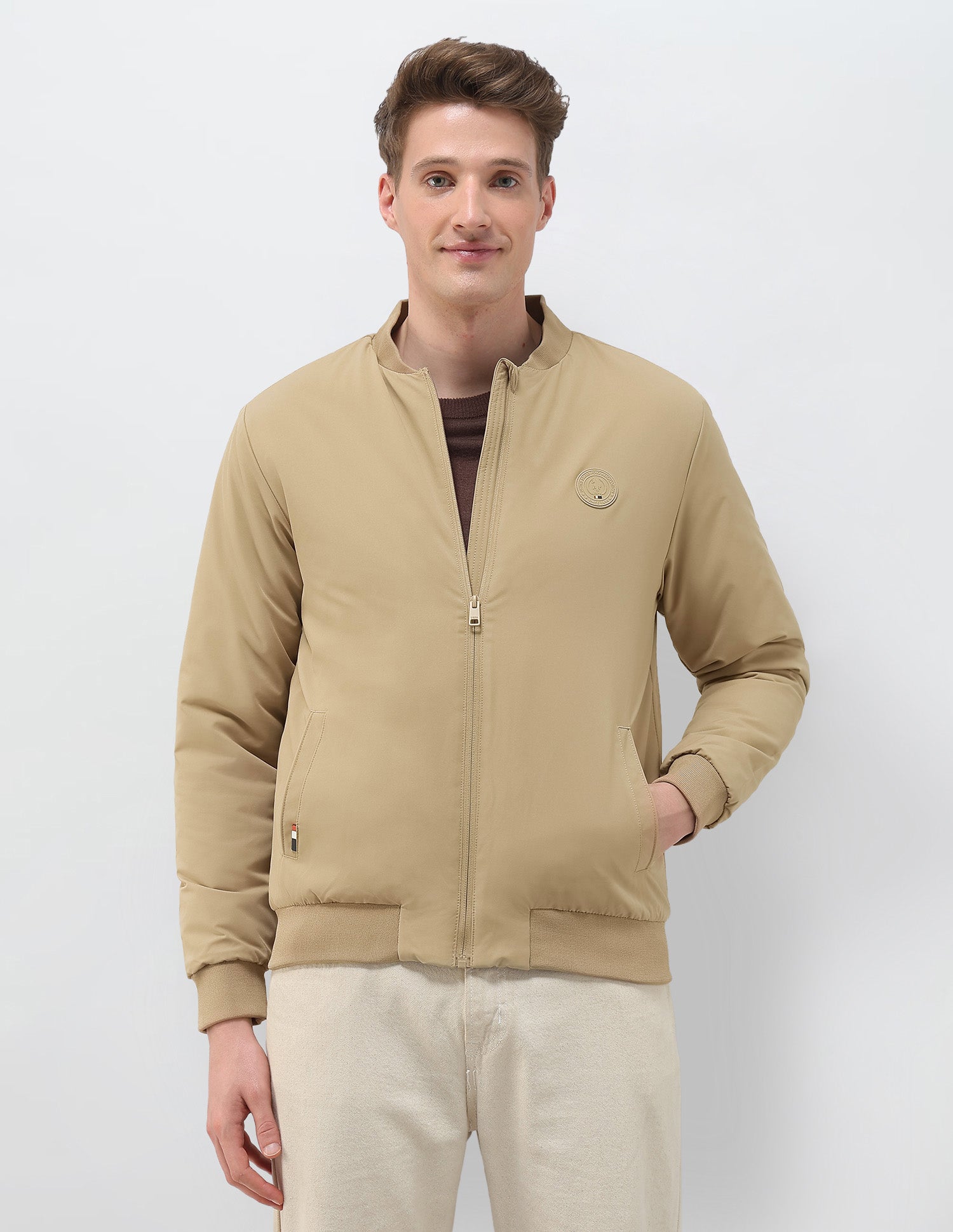 Solid Regular Fit Bomber Jacket Khaki - U.S. Polo Assn. India | Large