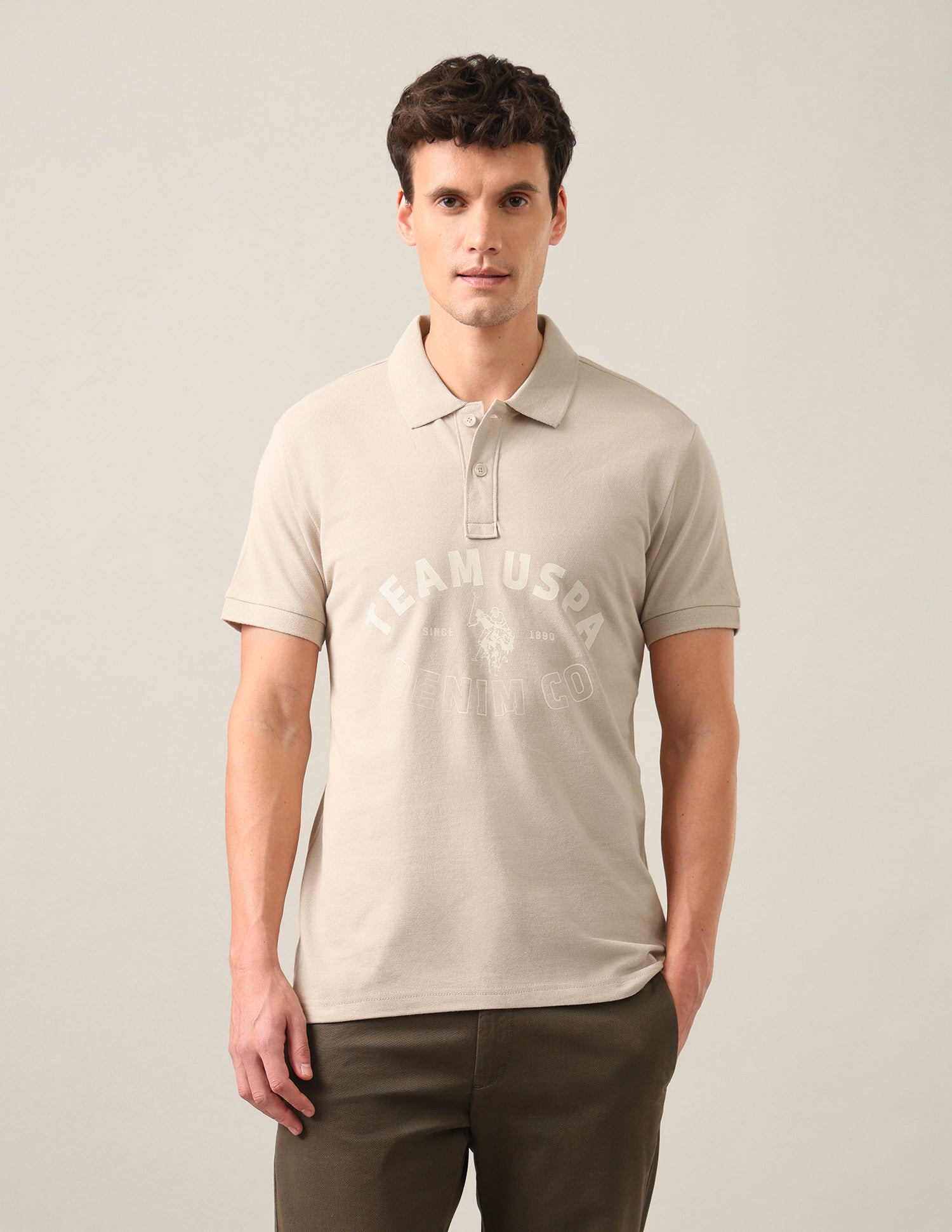 Typographic Brand Printed Slim Fit Polo Shirt Beige - U.S. Polo Assn. India | Large