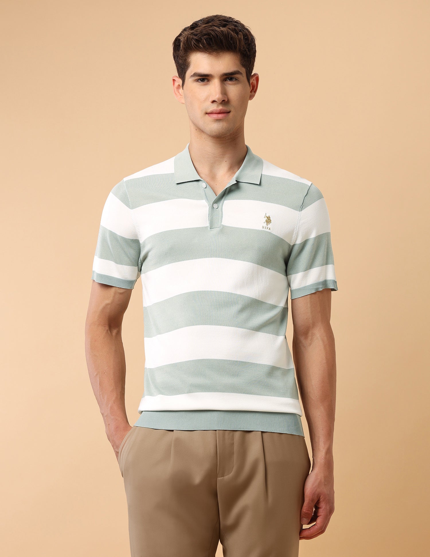 Pacho X Horizontal Striped Slim Fit Polo Shirt Light Green - U.S. Polo Assn. India | Large