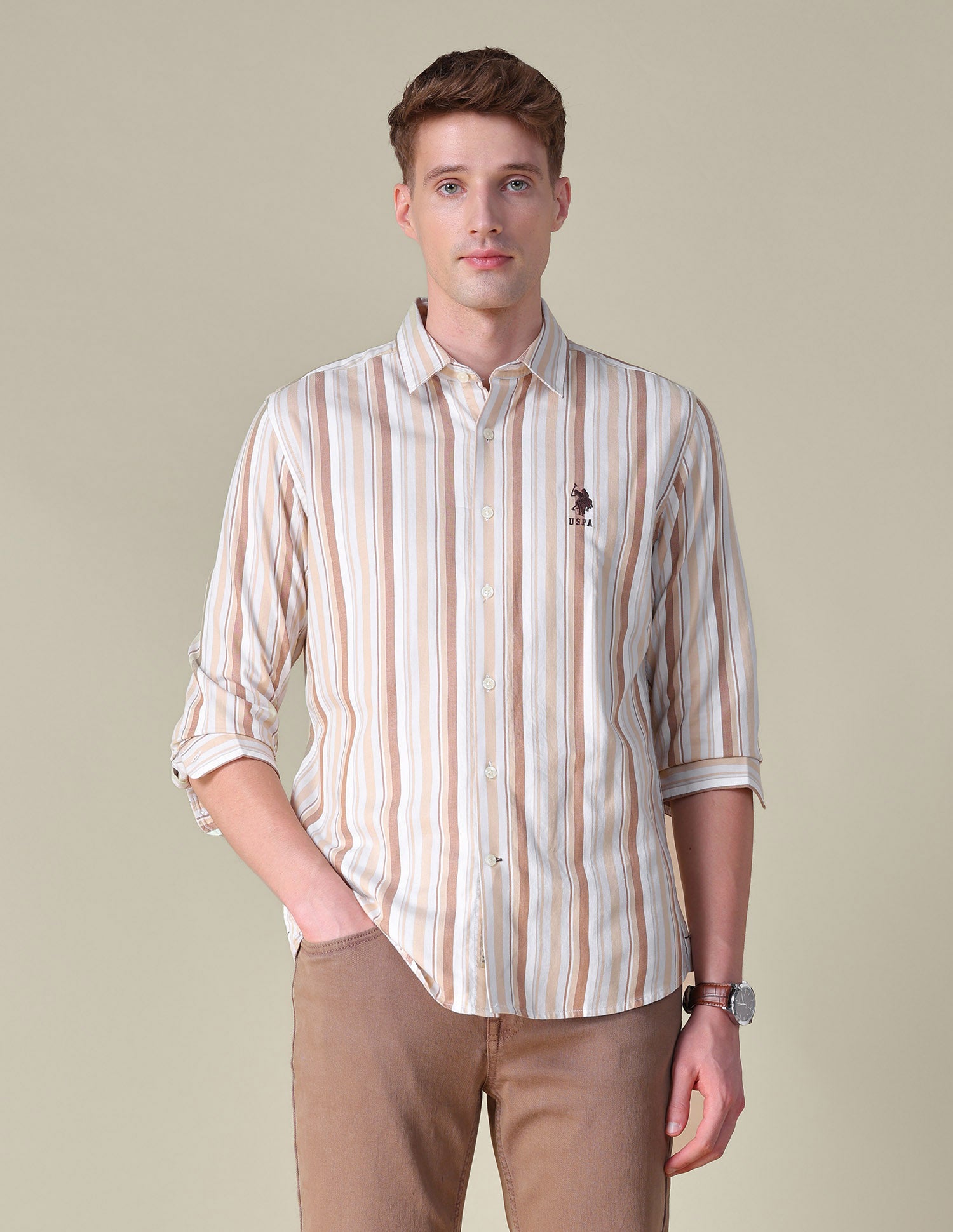 Vertical Striped Regular Fit Shirt Brown - U.S. POLO ASSN. | Large