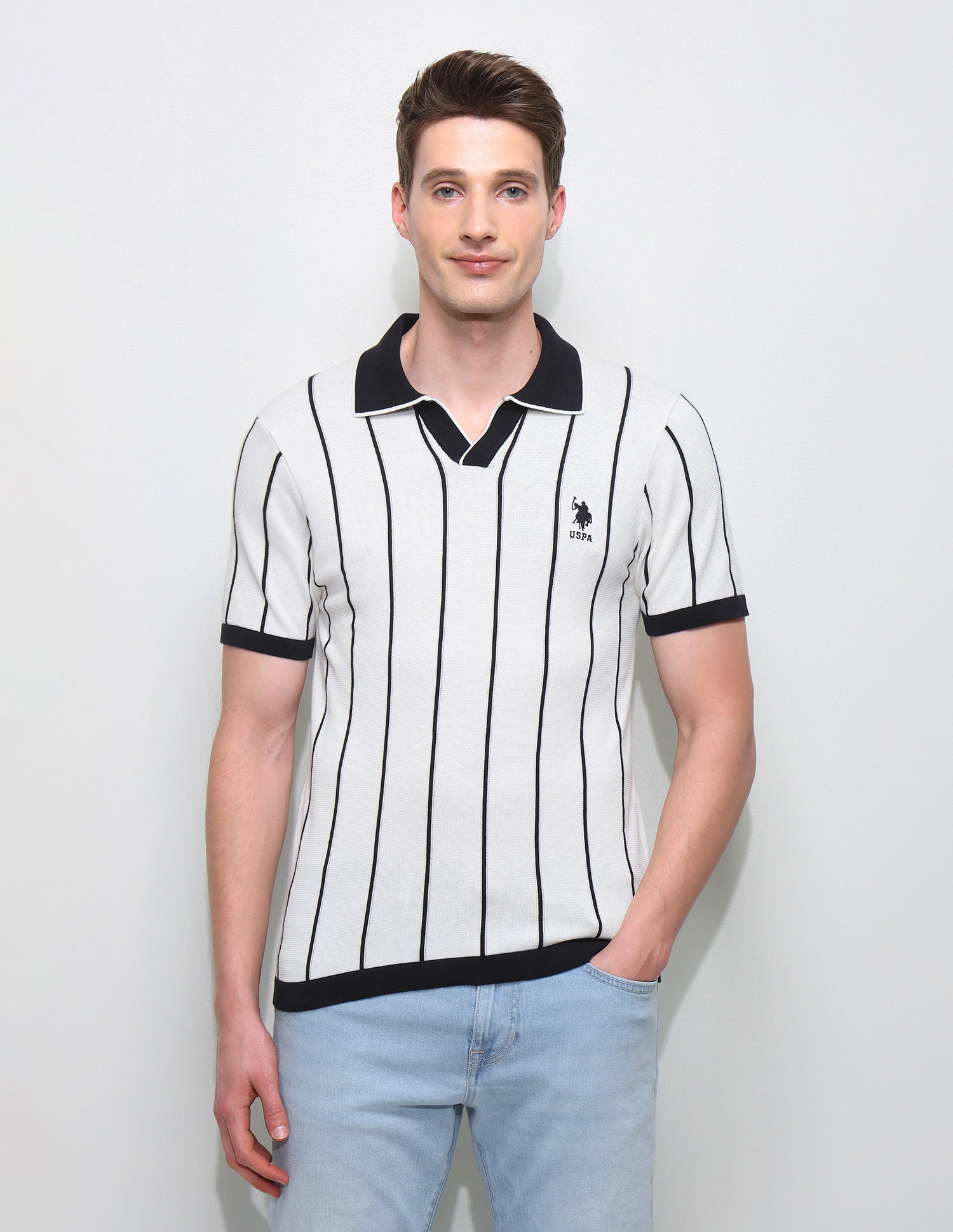 Vertical Striped Slim Fit Polo Shirt Off White - U.S. Polo Assn. India | Large