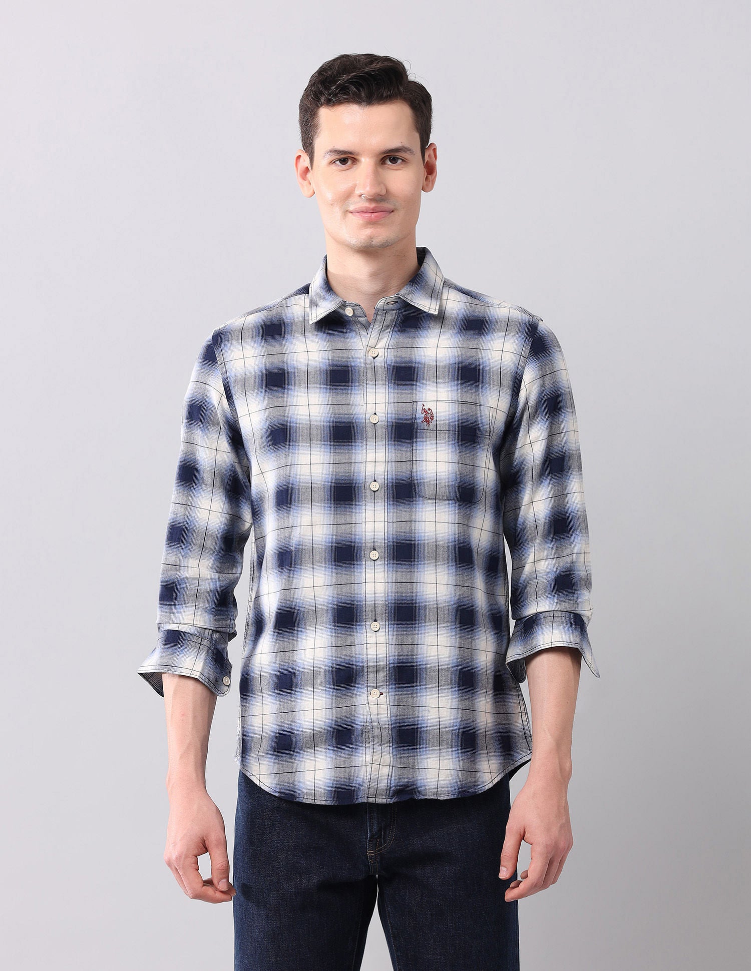 Tartan Checked Herringbone Shirt Blue - U.S. POLO ASSN. | Large