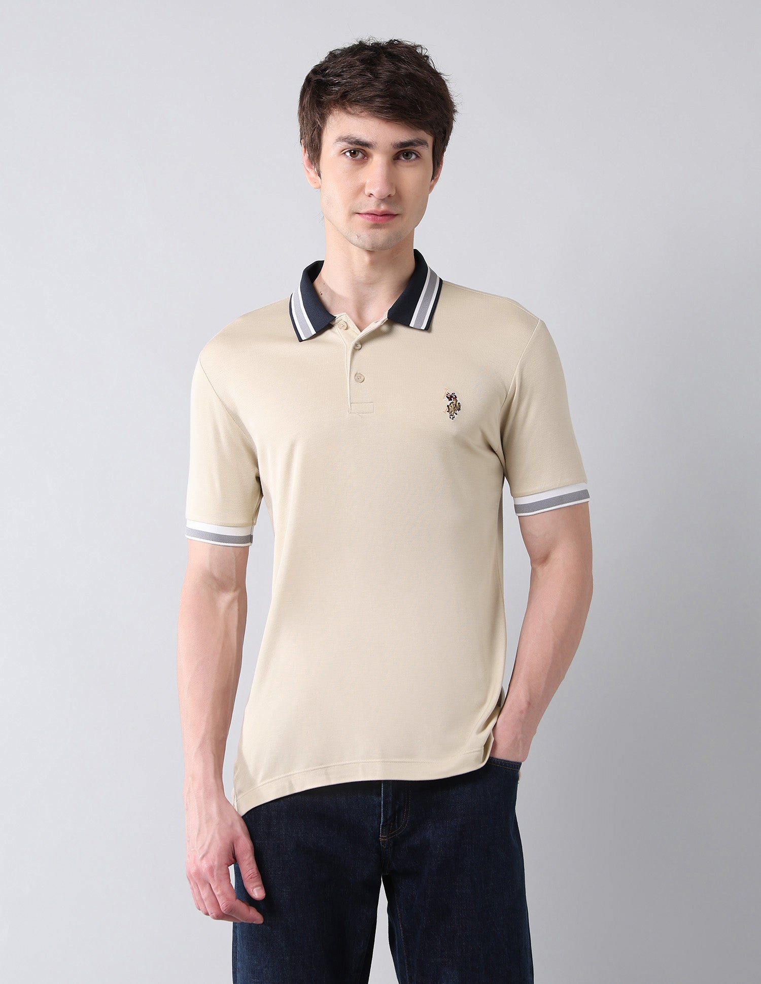 Solid Pure Cotton Muscle Fit Shirt Beige - U.S. Polo Assn. India | Large