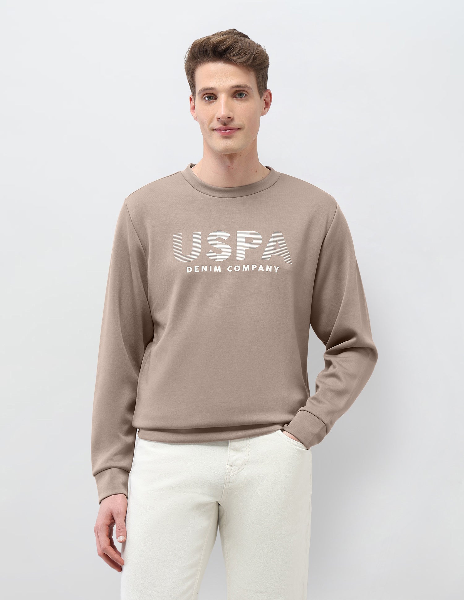 Brand Embossed Regular Fit Sweatshirt Light Khaki - U.S. Polo Assn. India | Large
