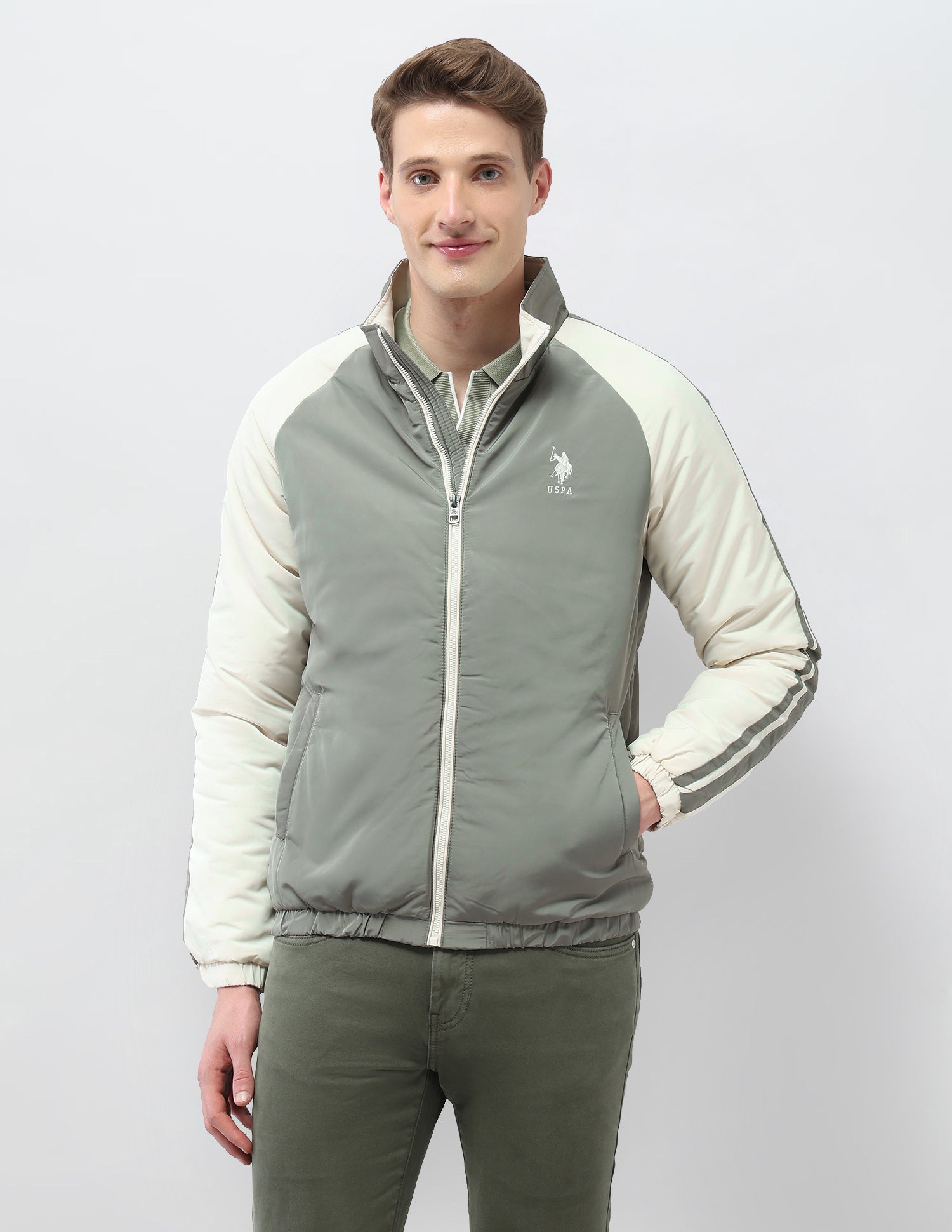 Colour Blocked Regular Fit Puffer Jacket Green - U.S. Polo Assn. India | Large