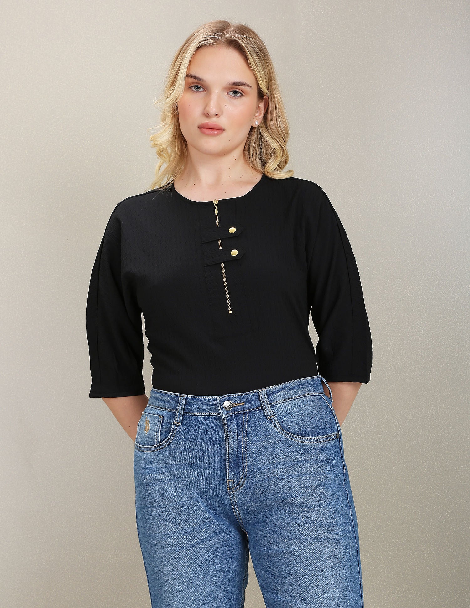 Round Neck Textured Top Black - U.S. Polo Assn. India | Large
