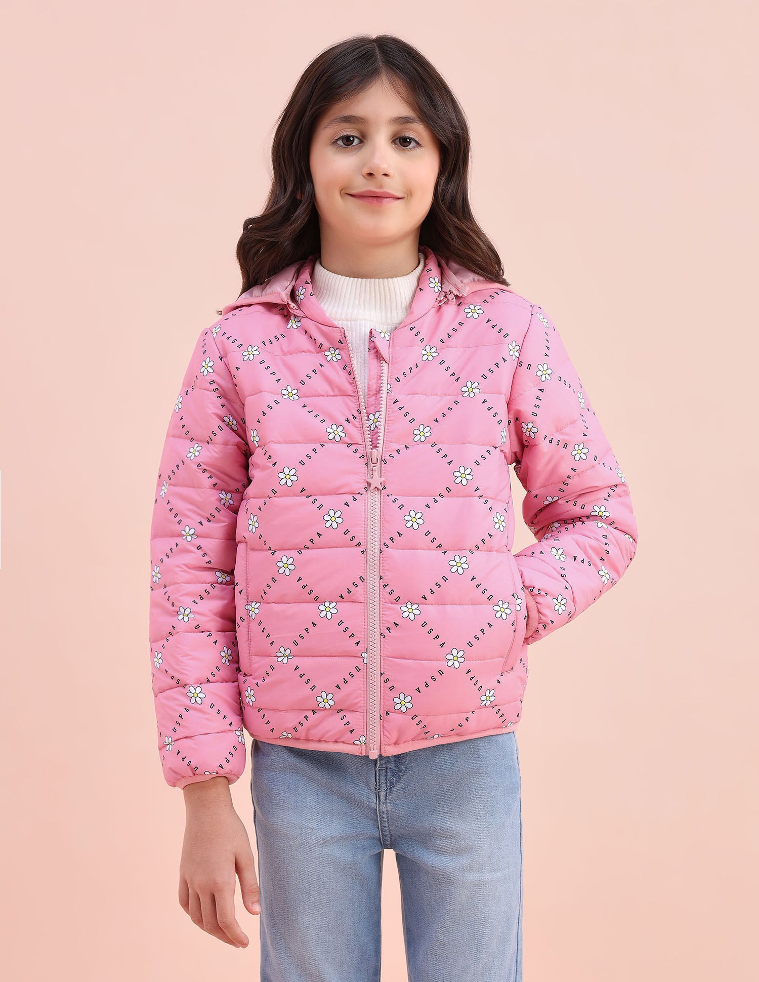 Floral Logo Printed Puffer Jacket Pink - U.S. POLO ASSN. | Large