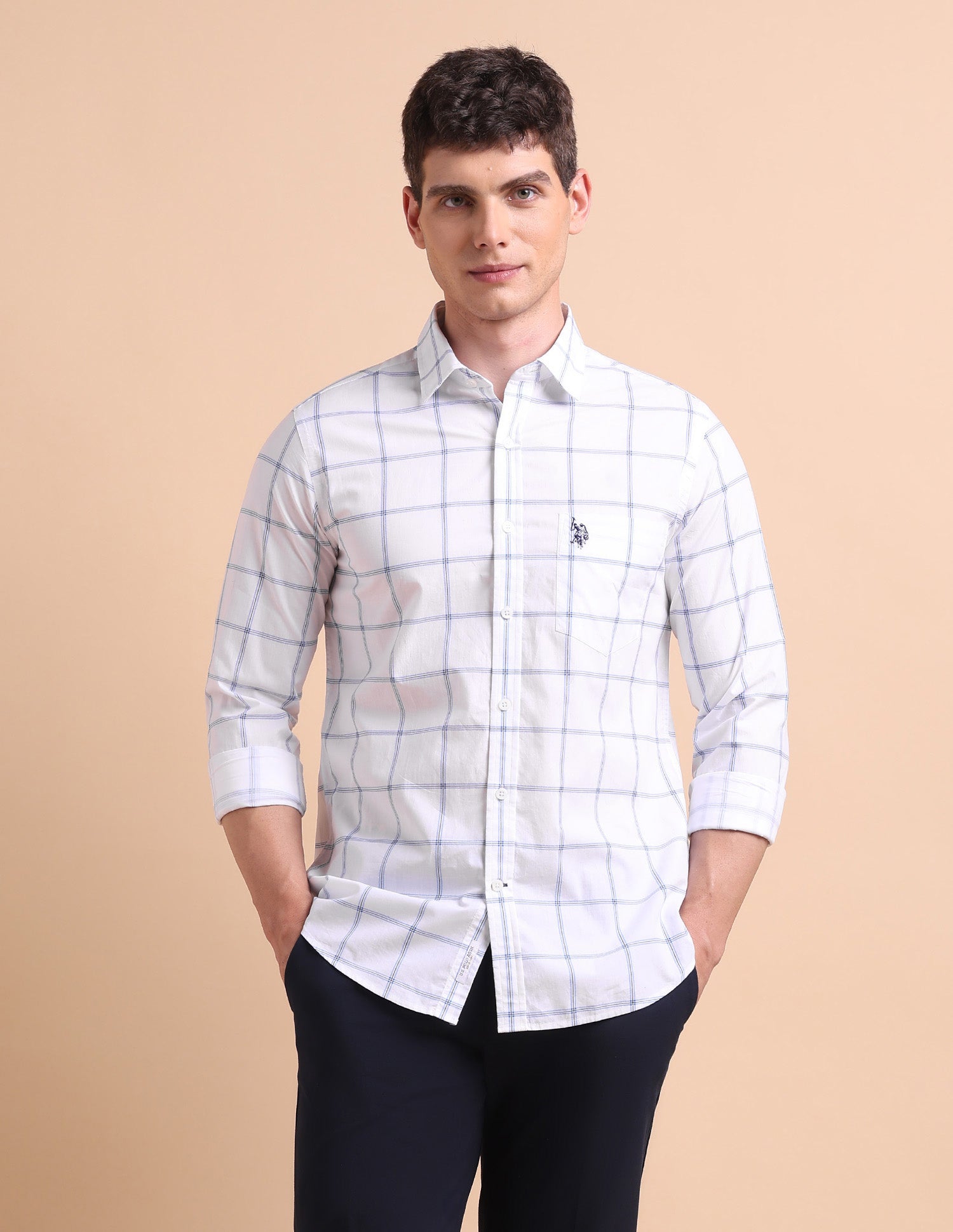 Tailored Fit Windowpane Checked Shirt White - U.S. Polo Assn. India | Large