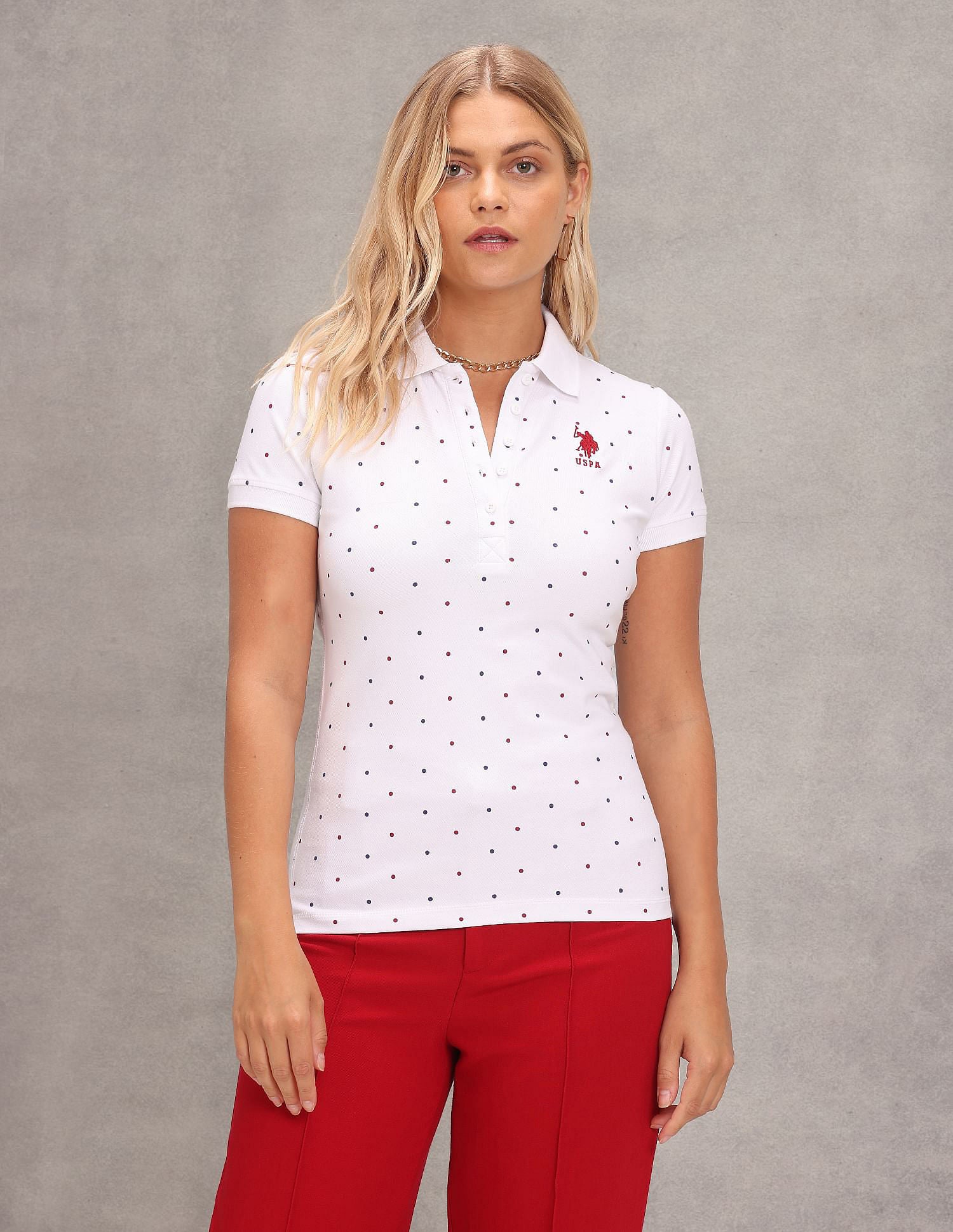 Ribbed Collar Polka Dot Polo Shirt White - U.S. POLO ASSN. | Large