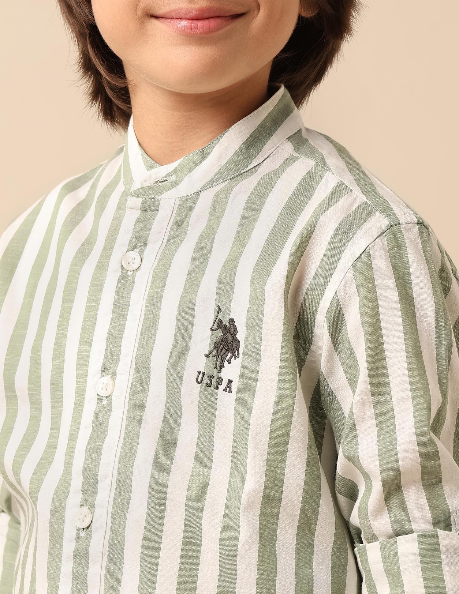 Boys Vertical Striped Mandarin Shirt Green - U.S. POLO ASSN. | Large