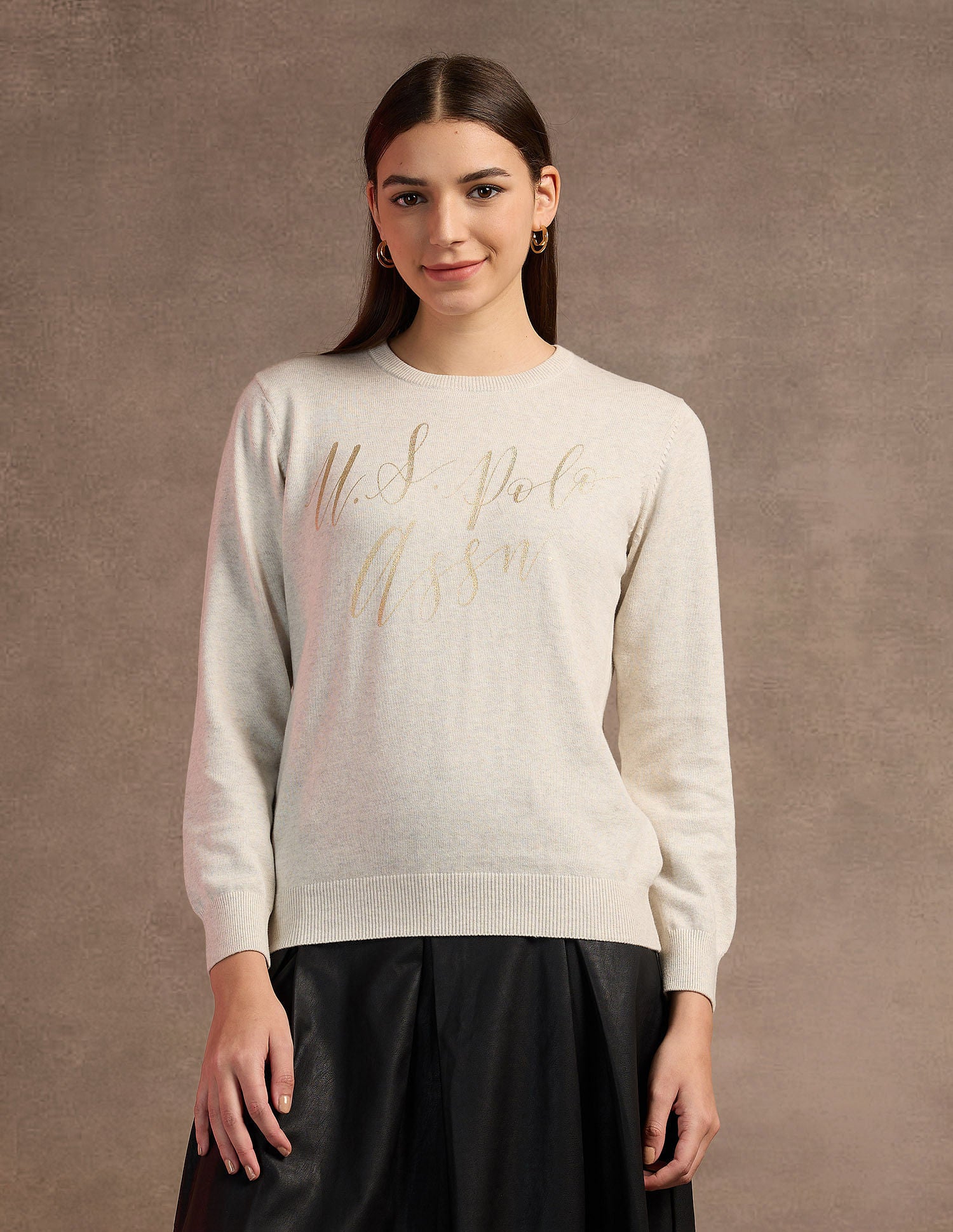 Foil Print Cotton Sweater Off White - U.S. Polo Assn. India | Large