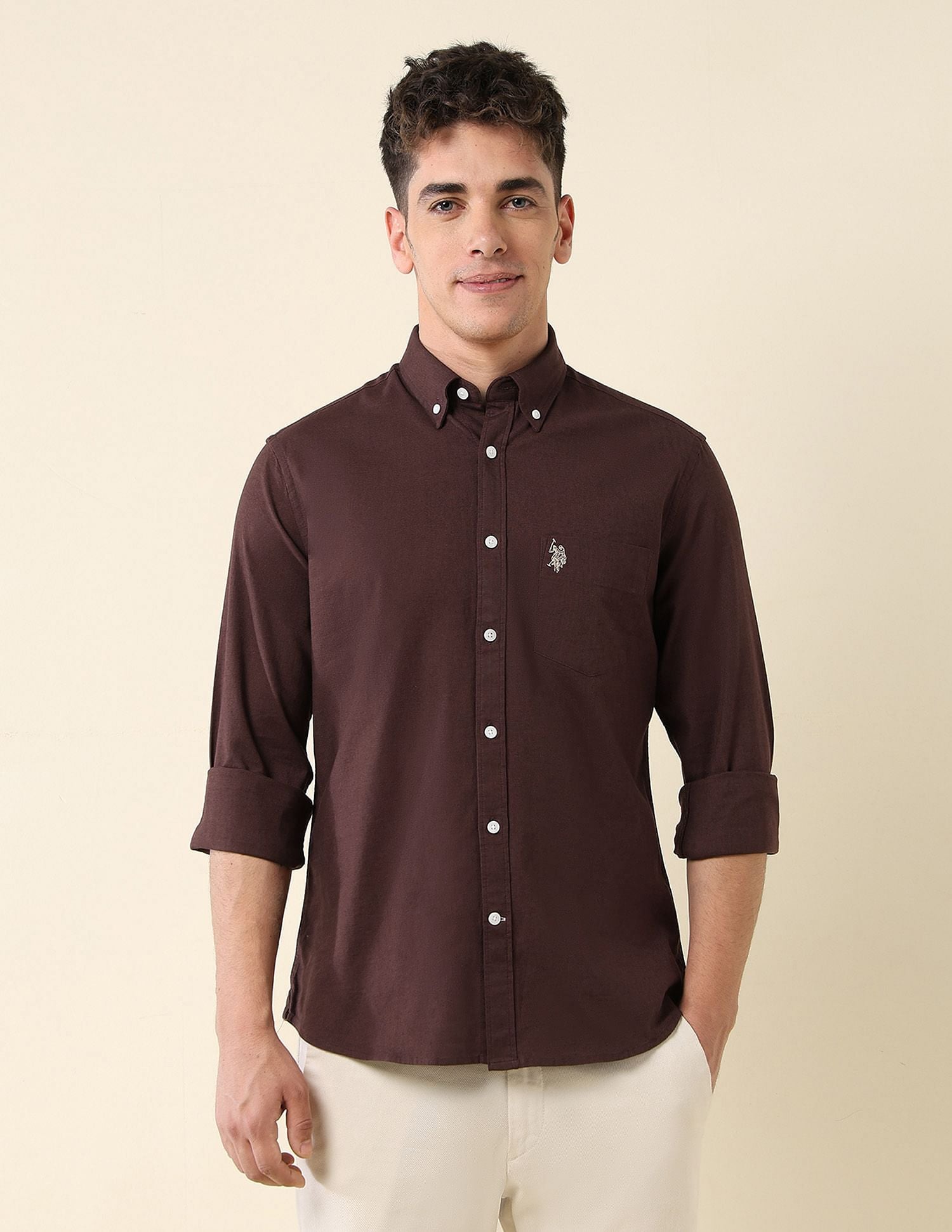 Oxford Stretch Button Down Shirt Brown - U.S. Polo Assn. India | Large