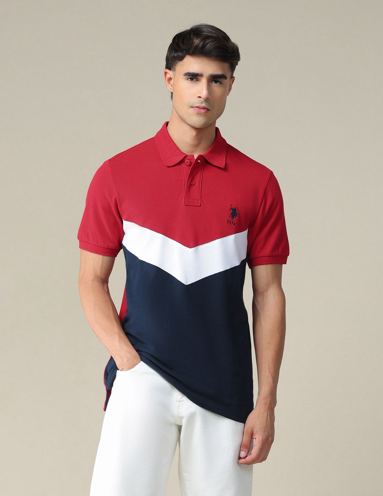 Ribbed Collar Colour Block Polo Shirt Red and Navy - U.S. Polo Assn. India | Large
