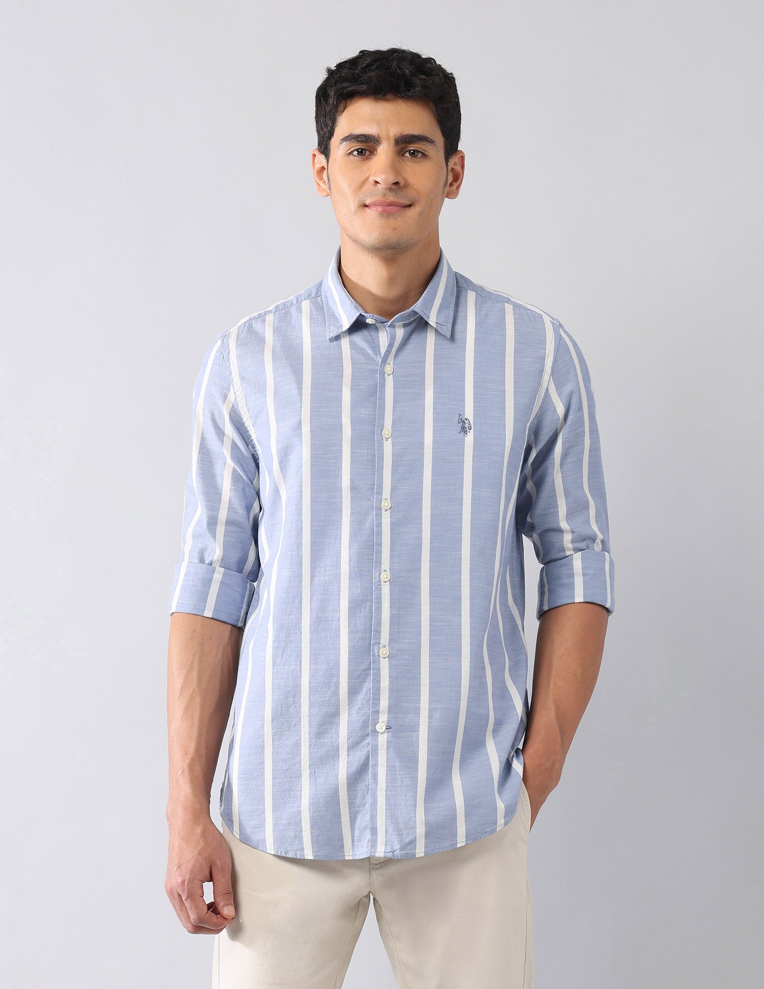 Vertical Striped Dobby Regular Fit Shirt Blue - U.S. Polo Assn. India | Large