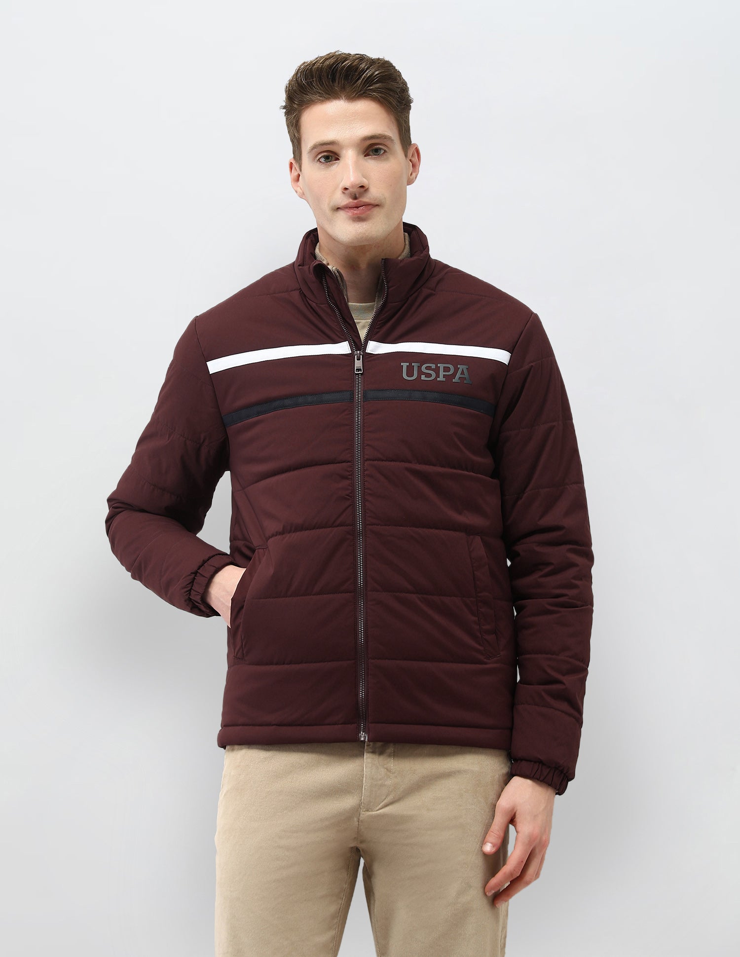 Solid Regular Fit Puffer Jacket Dark Maroon - U.S. Polo Assn. India | Large
