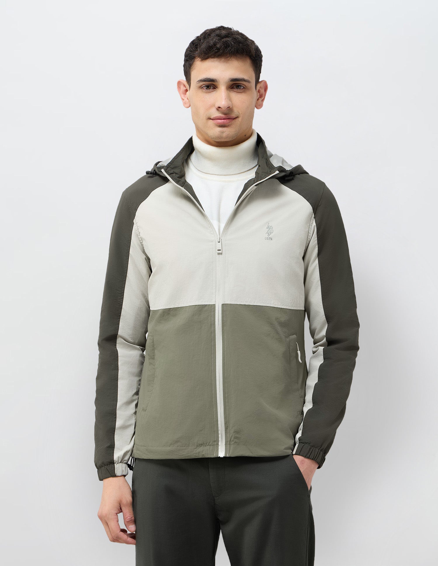 Colour Blocked Detachable Hood Jacket Ecru - U.S. POLO ASSN. | Large