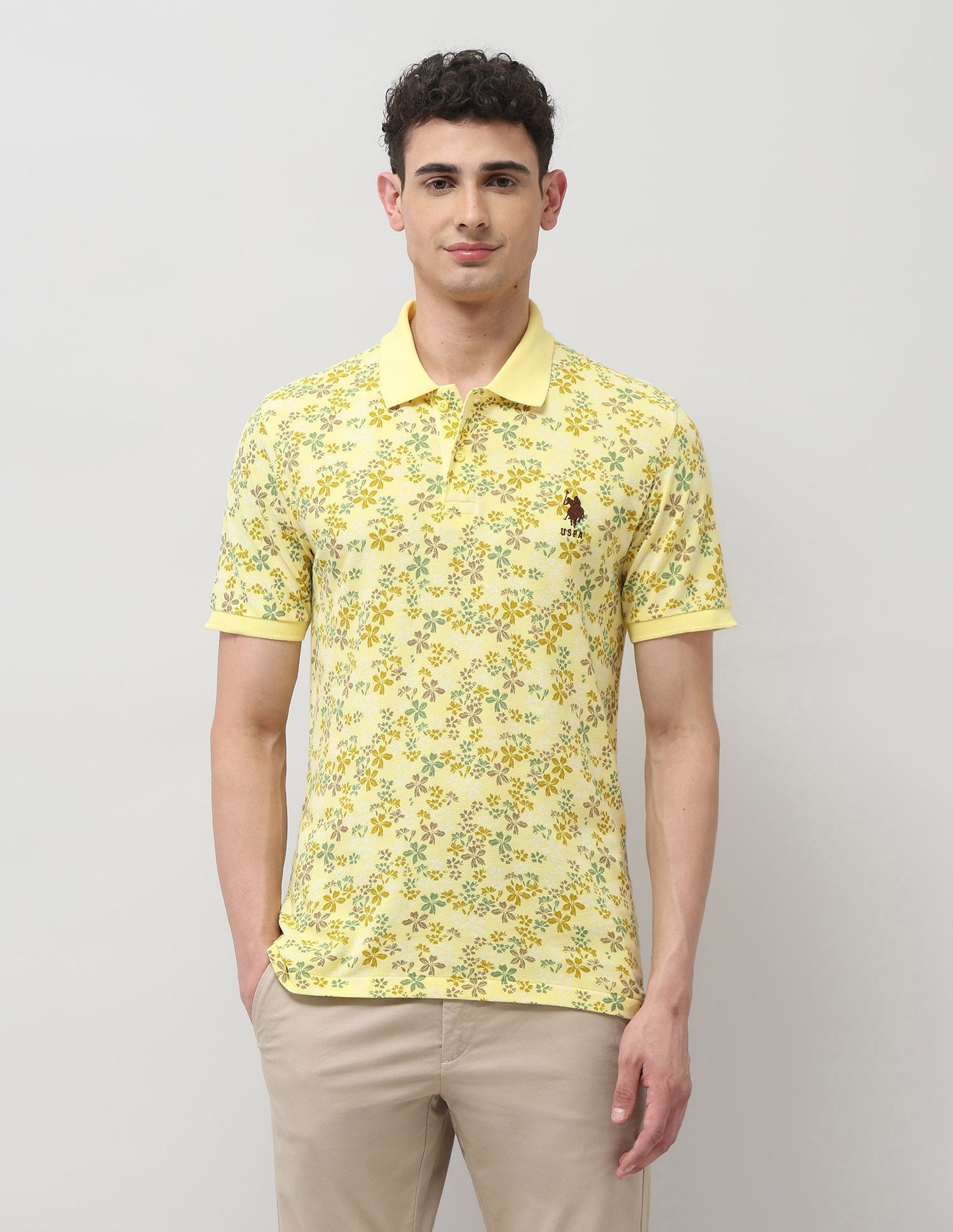 Pure Cotton Floral Printed Polo Shirt Yellow - U.S. Polo Assn. India | Large